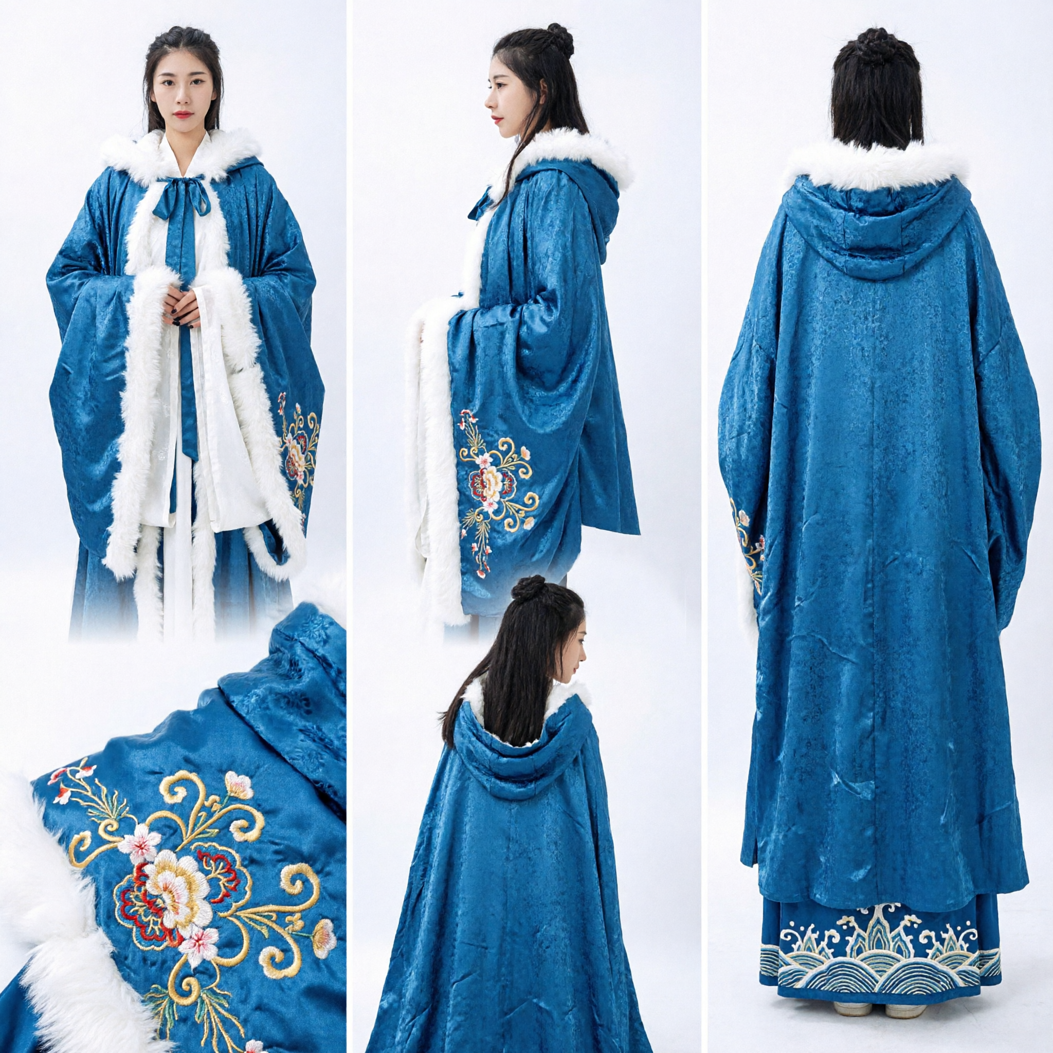 Manto de Inverno Tradicional Chinês Hanfu para Mulheres, Capa de Brocado Azul com Aparo de Pele Branca para Cosplay - Asian Costume