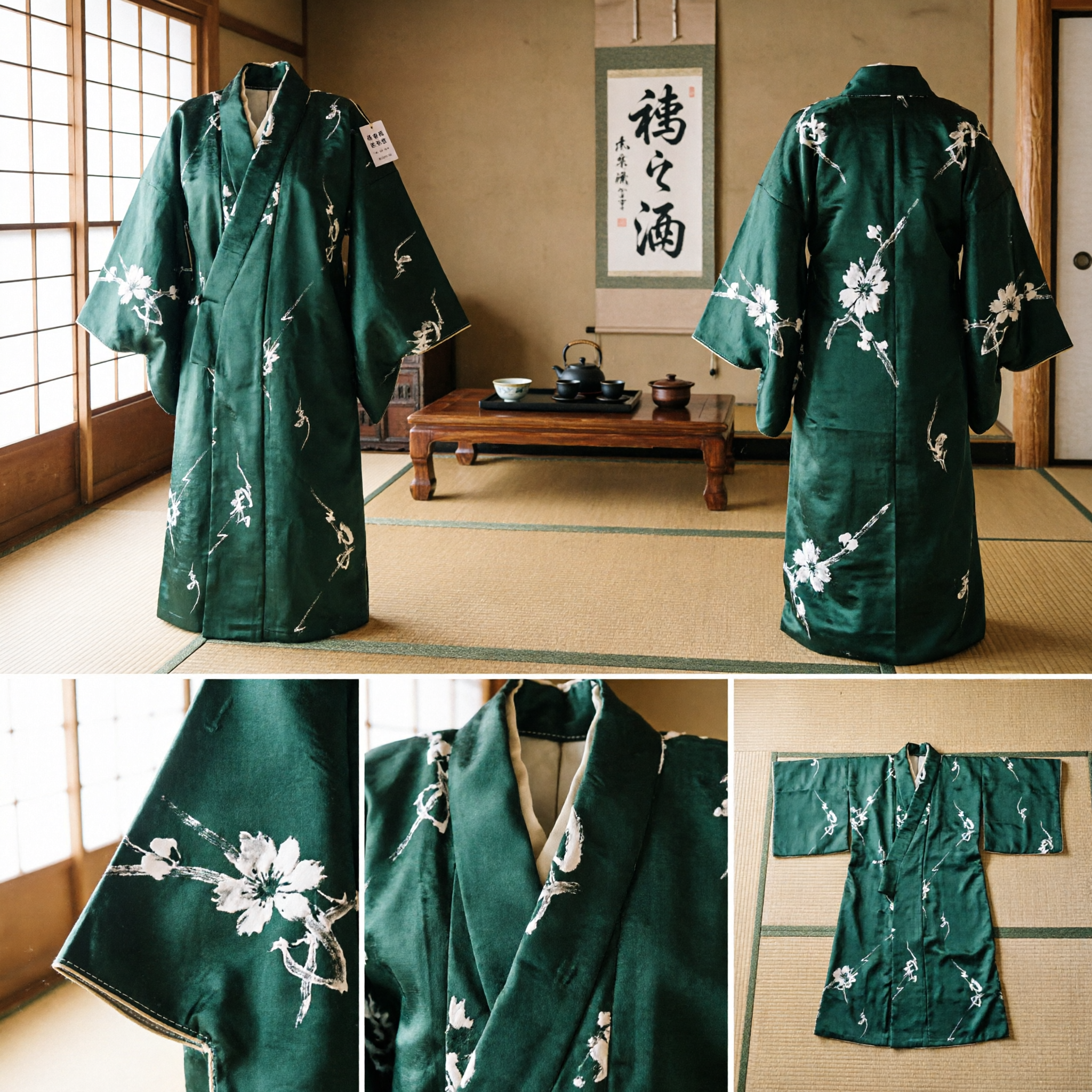 Traditional Japanese Dark Green Kimono Yukata Robe with Abstract Calligraphy Pattern for Men Festival Cosplay Costume - Asian Costume