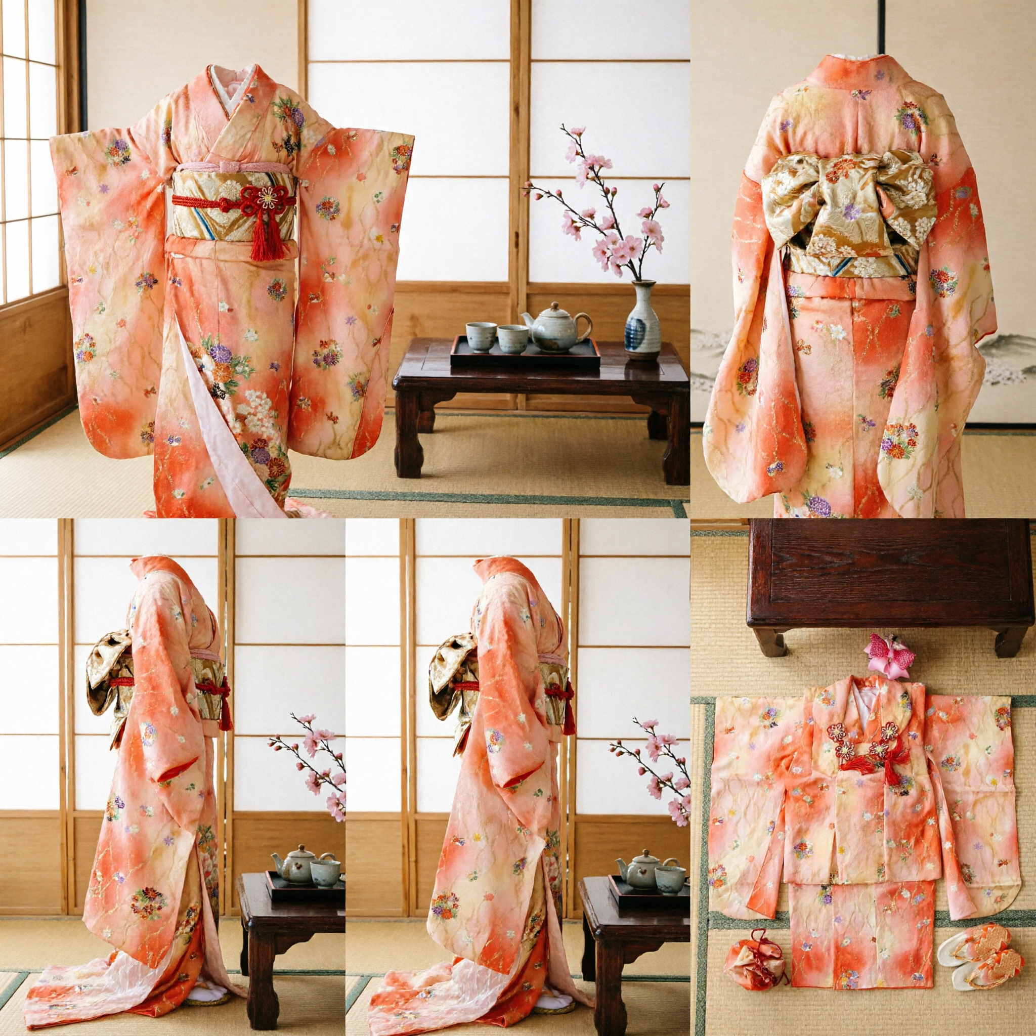 Traditional Japanese Kimono Set for Girls Orange Floral Pattern Formal Shichi-Go-San Costume with Hair Accessories - Asian Costume