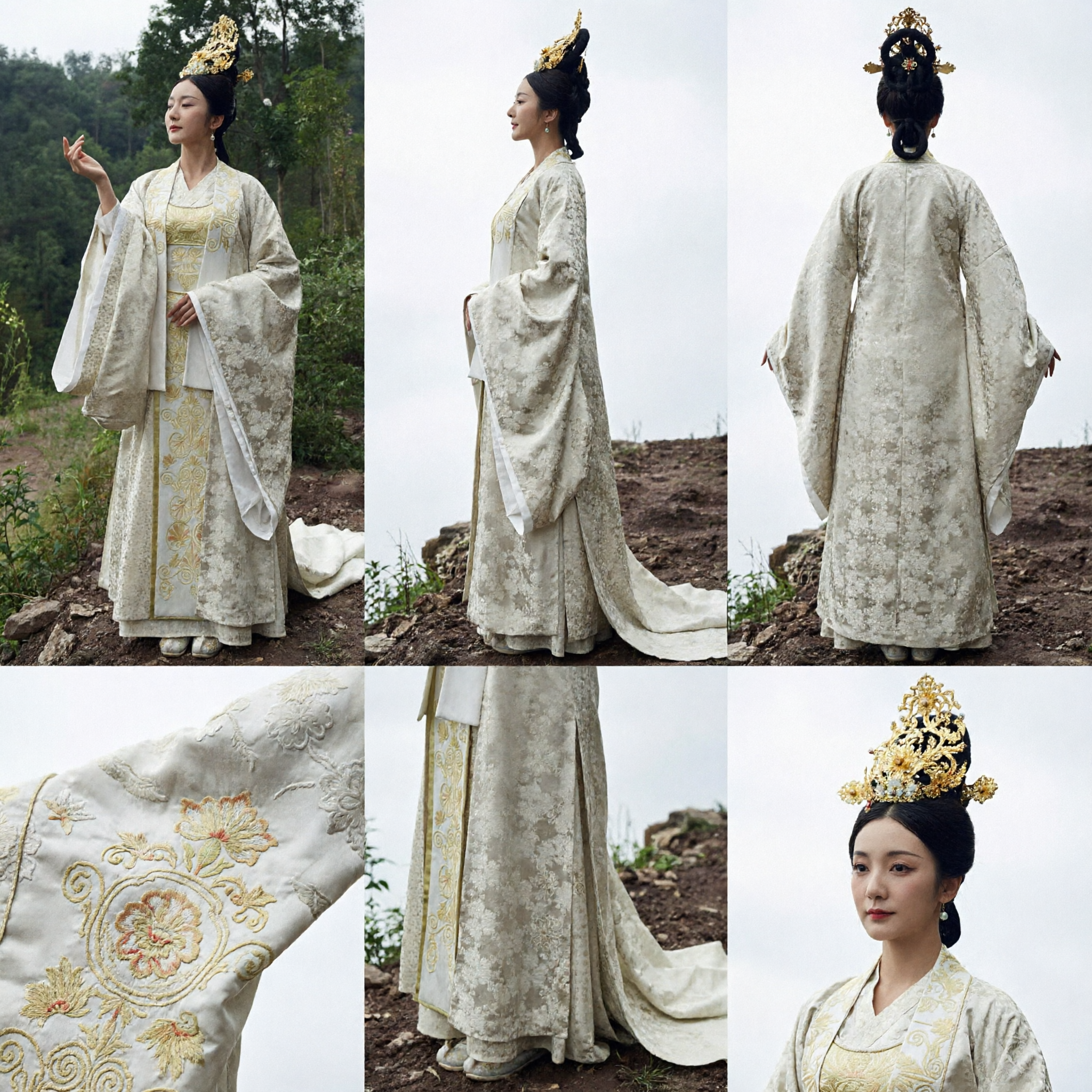 Traje Hanfu Tradicional Chino, Vestido de Dama del Palacio Antiguo en Brocado Crema y Dorado para Cosplay Histórico de Mujer - Asian Costume