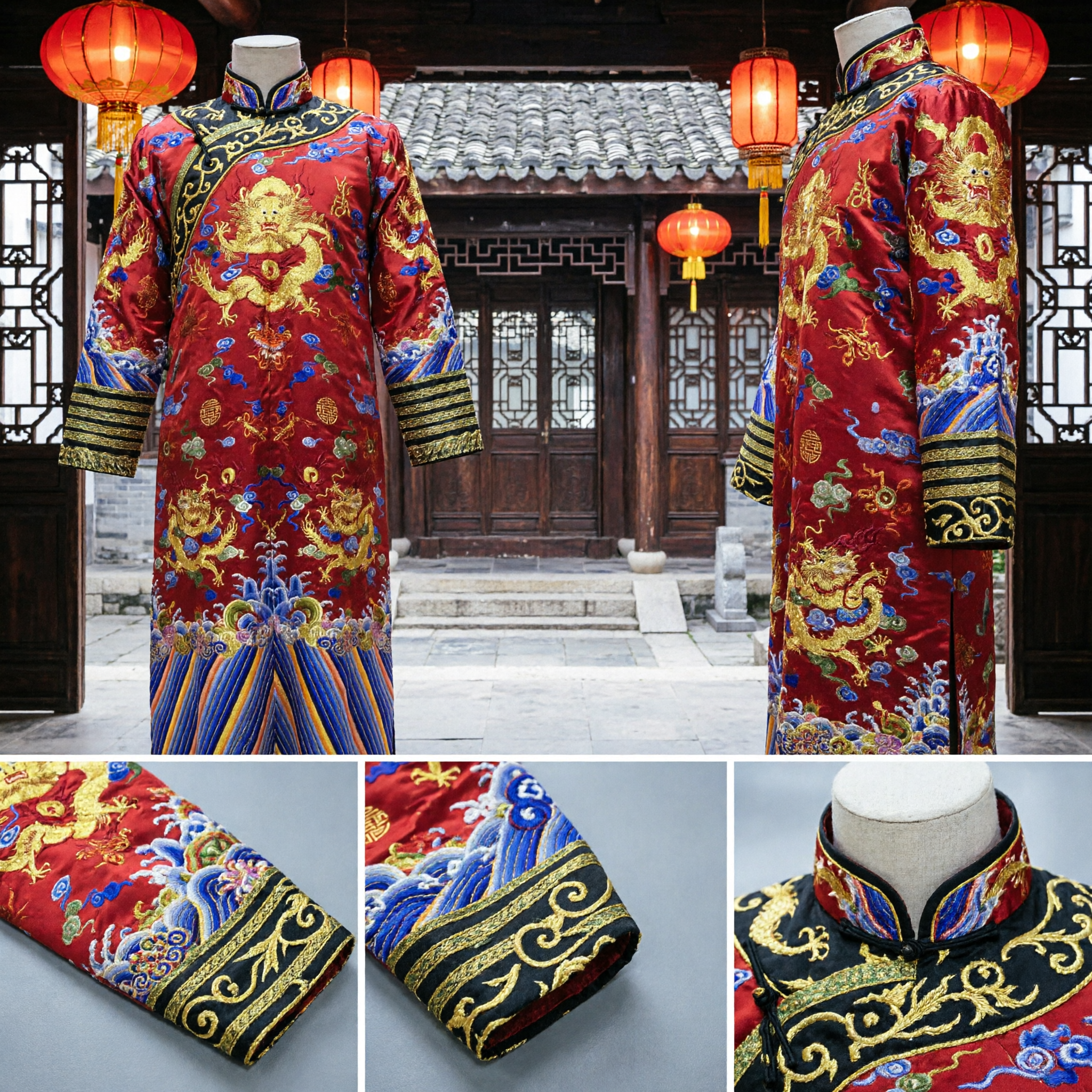 Traditional Chinese Red Dragon Robe Embroidered Peking Opera Costume for Men Stage Performance Wedding - Asian Costume