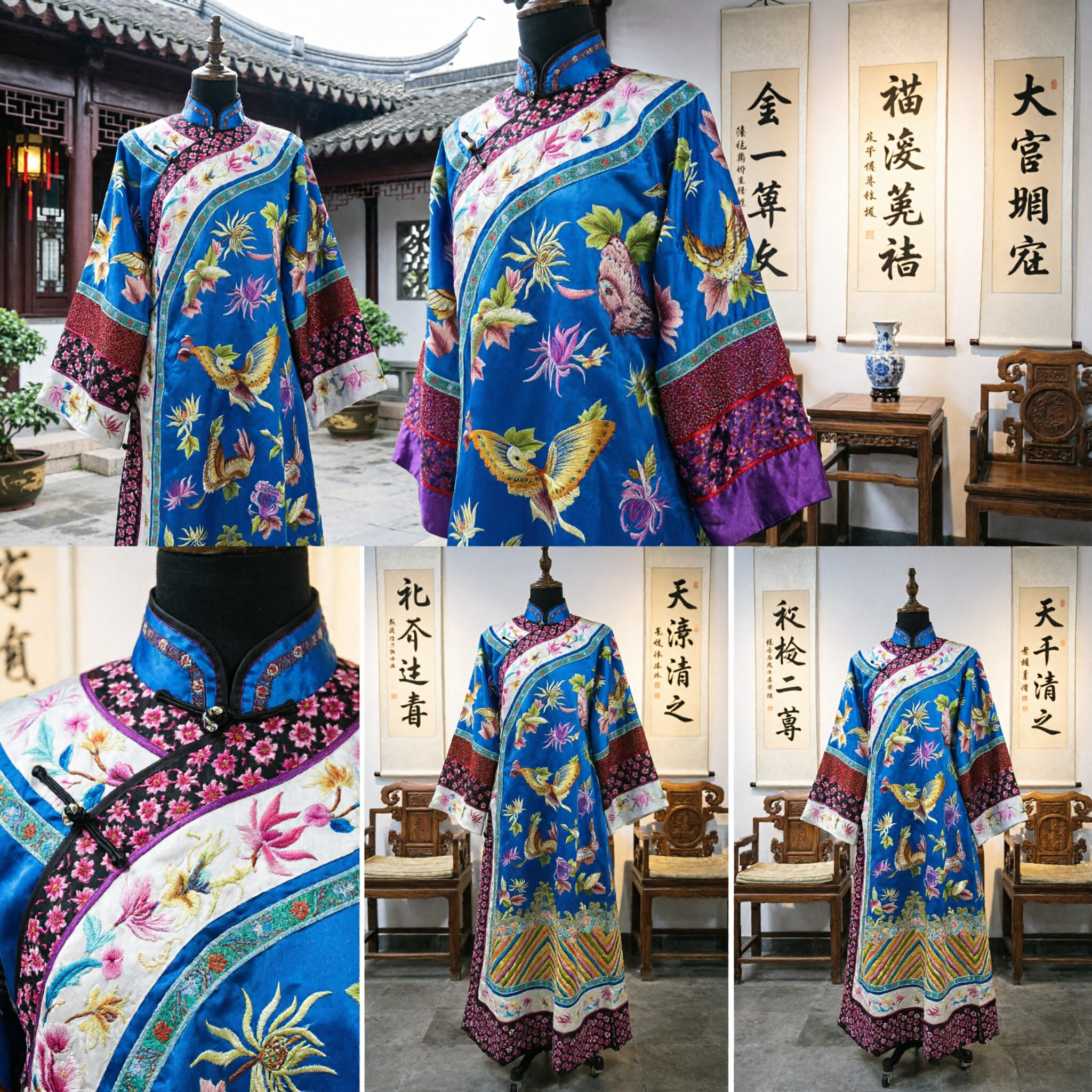 Antikes chinesisches Qing-Dynastie blaues floral-butterflies besticktes Robe traditionelles Peking-Oper-Kostüm für Frauen - Asian Costume