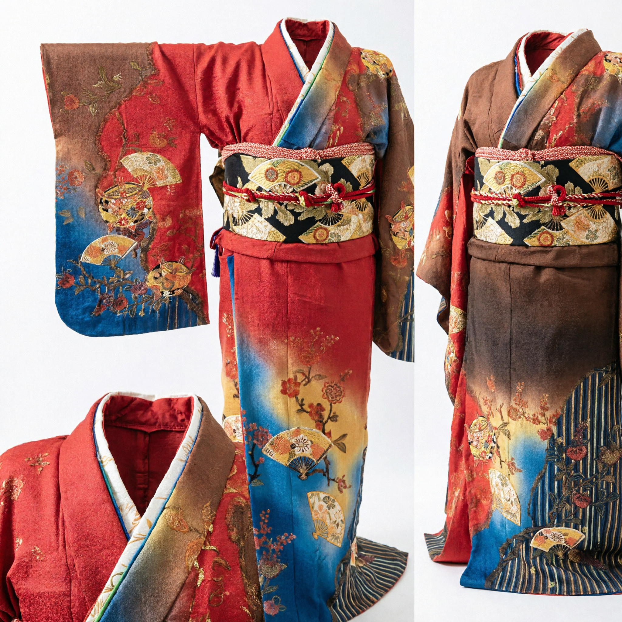 Elegancki czerwono-brązowy japoński Kimono z motywami wachlarzy, tradycyjny strój formalny dla kobiet - Asian Costume