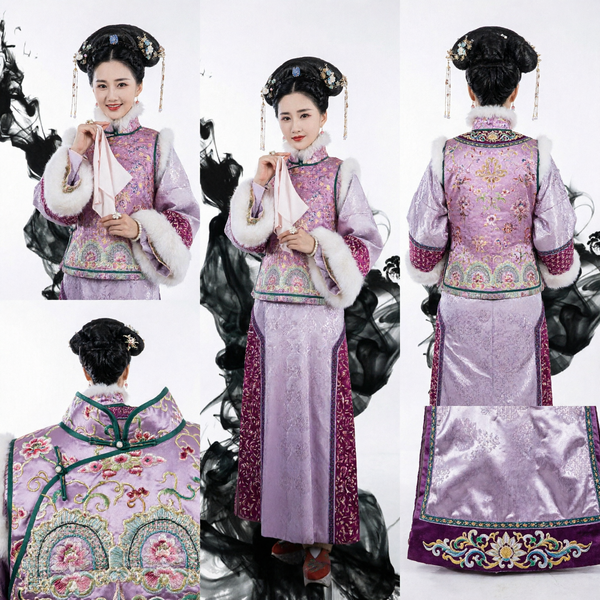 Costume traditionnel chinois de princesse mandchoue de la dynastie Qing, ensemble robe pourpre à broderie florale avec garniture en fourrure et coiffe - Asian Costume