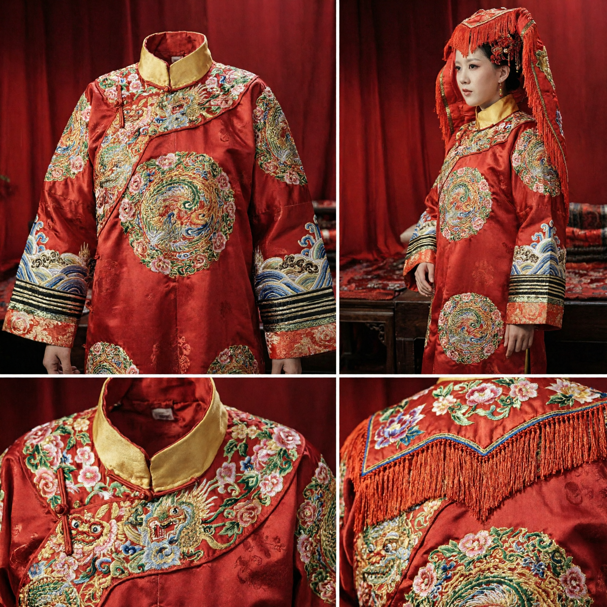 Traditioneel Chinees Bruiloftskostuum Qing Dynastie Rood Geborduurd Drakengewaad Oude Bruid Hanfu Jurk voor Vrouwen - Asian Costume