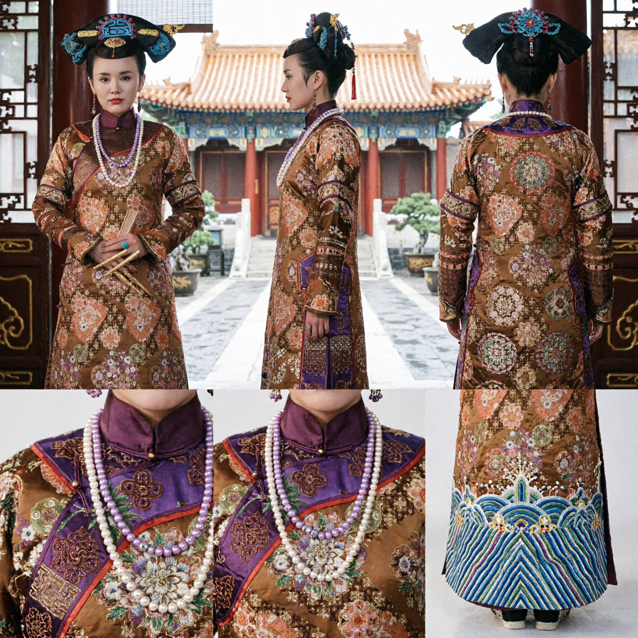Traje de Princesa Manchu da Dinastia Qing Chinesa Antiga Conjunto de Vestido de Dama do Palácio Tradicional e Adorno de Cabeça para Mulheres - Asian Costume