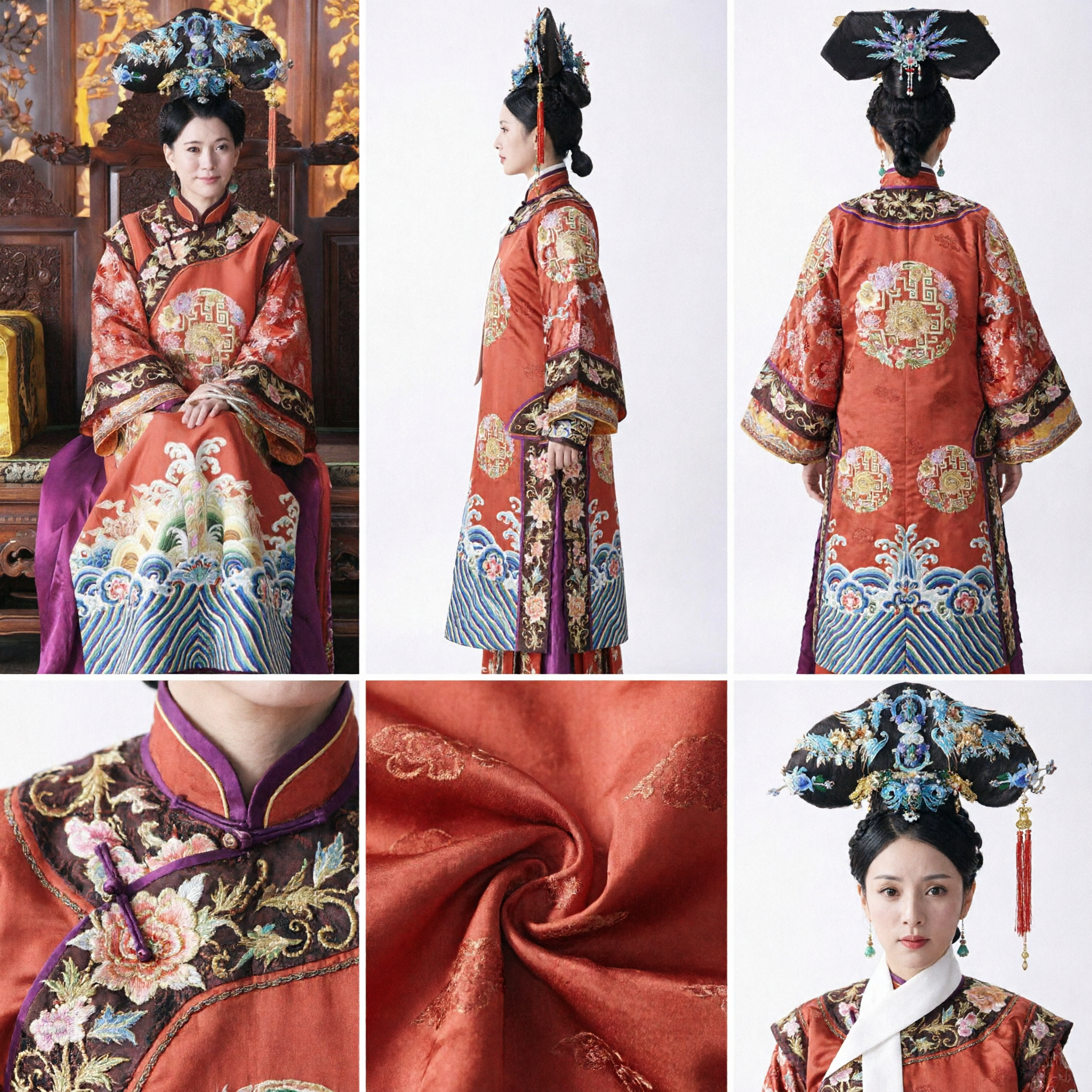 Traje de Imperatriz Manchu da Dinastia Qing Chinesa Antiga Conjunto de Robe Laranja Bordado e Adorno de Cabeça Floral para Mulheres - Asian Costume