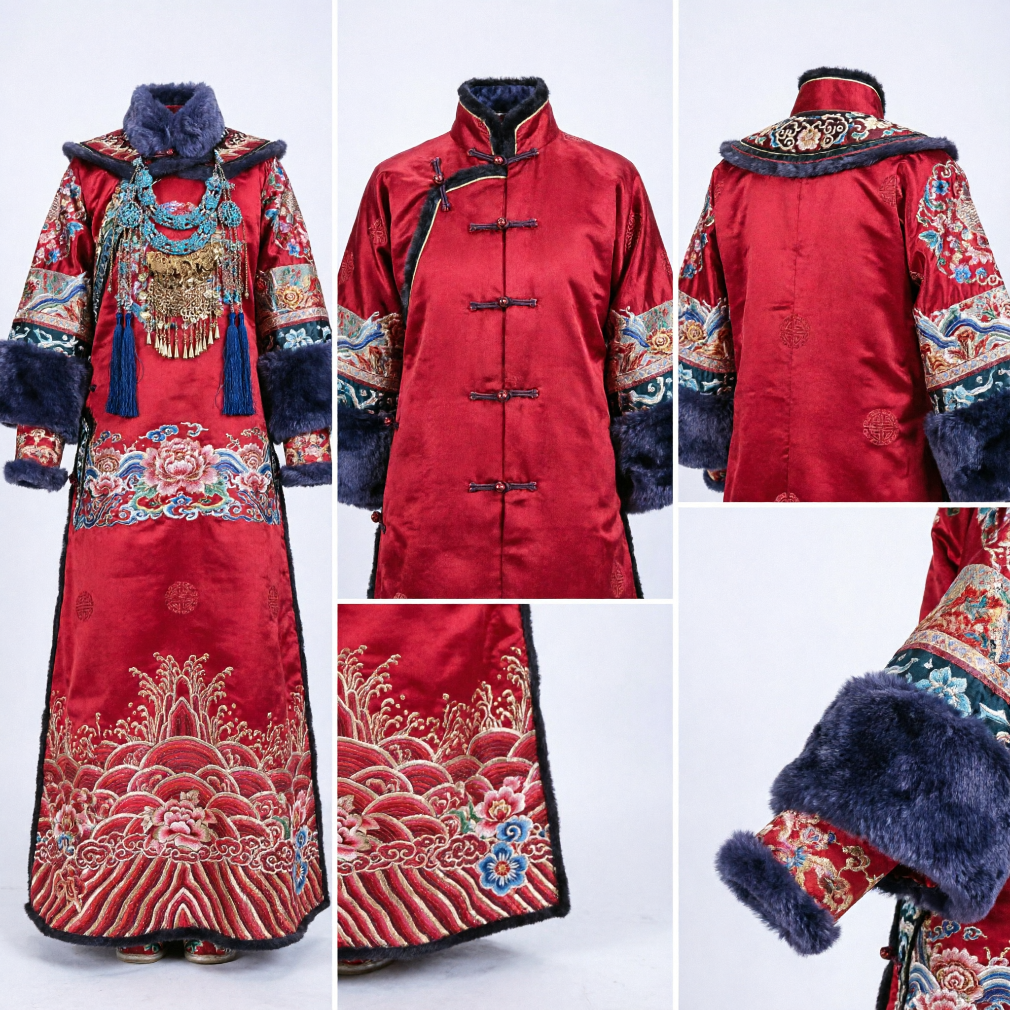 Traje de Emperatriz de la Dinastía Qing China Tradicional Túnica Roja Manchú con Ribete de Piel y Tocado para Mujer - Asian Costume
