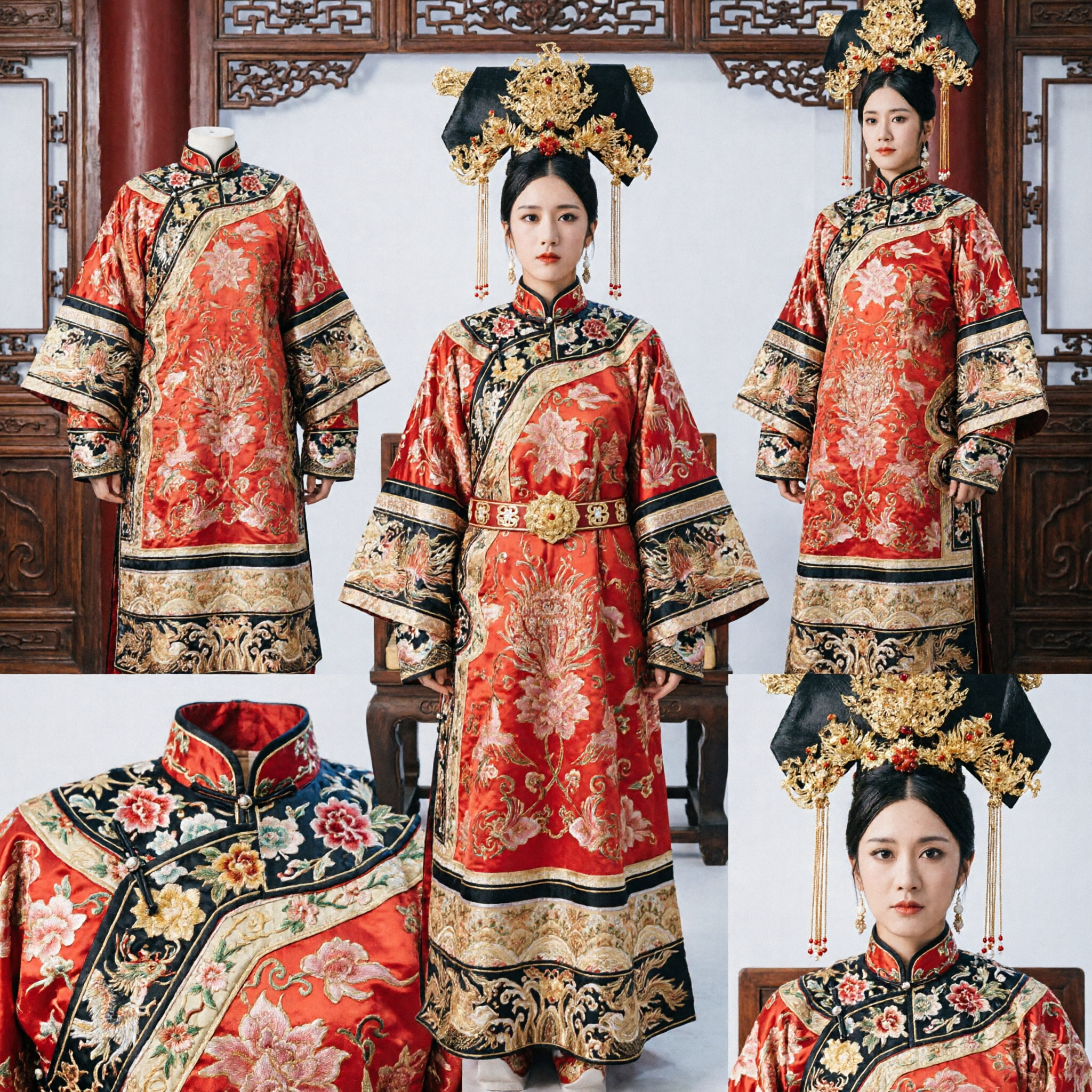 Traje de Emperatriz China Antigua Túnica Roja de Dragón con Corona de Fénix Vestido Imperial Tradicional de la Dinastía Qing para Mujer - Asian Costume