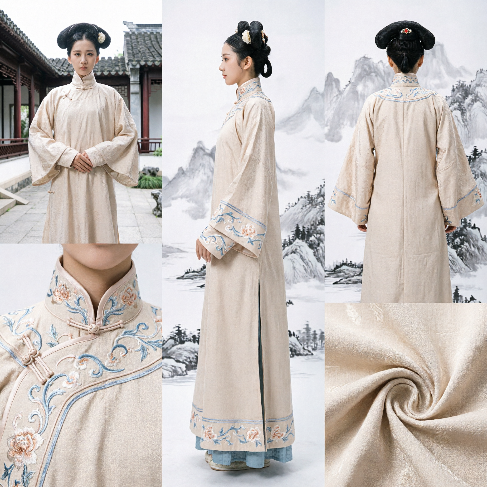 고대 중국 청나라 궁녀 복장 베이지색 긴 예복 전통 만주 드레스 여성용 - Asian Costume