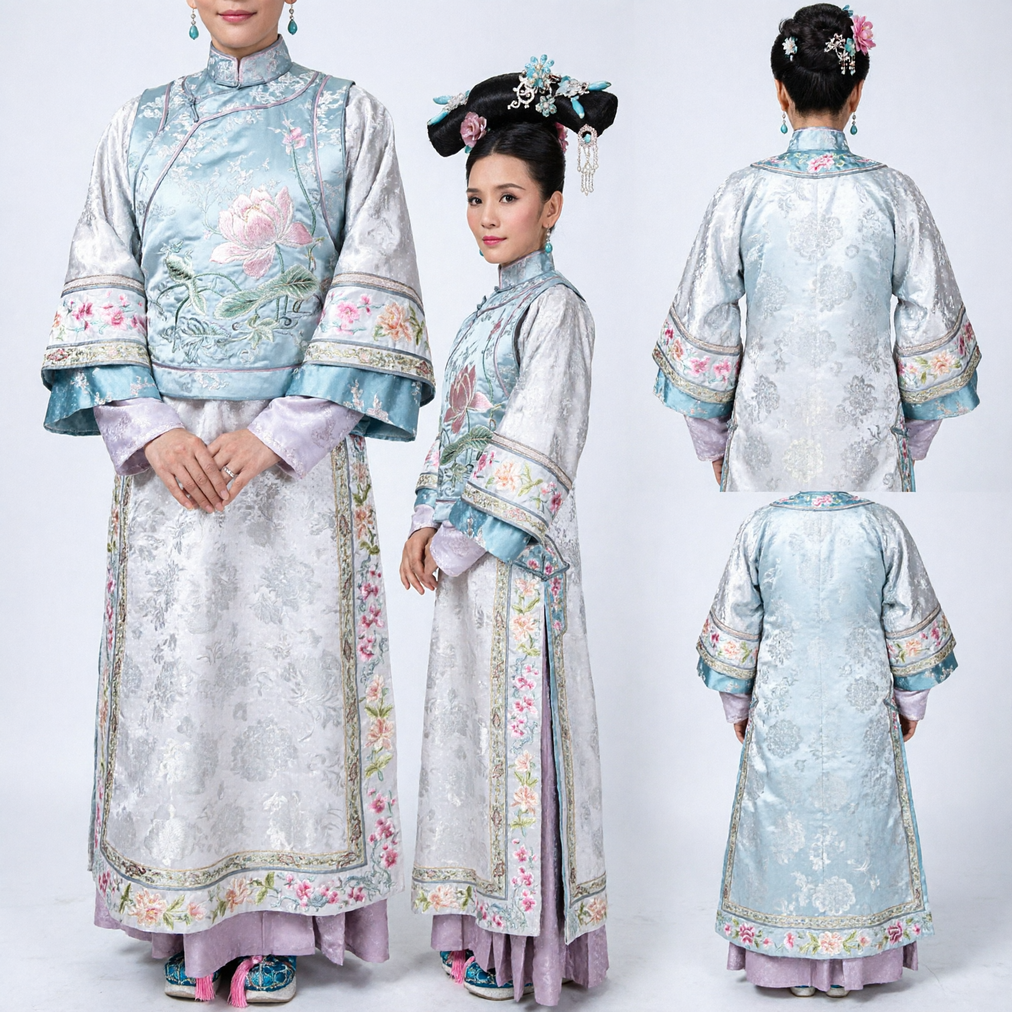 伝統的中国 清朝 満州族プリンセス 青い花柄刺繍ローブ 女性用コスプレ衣装 - Asian Costume