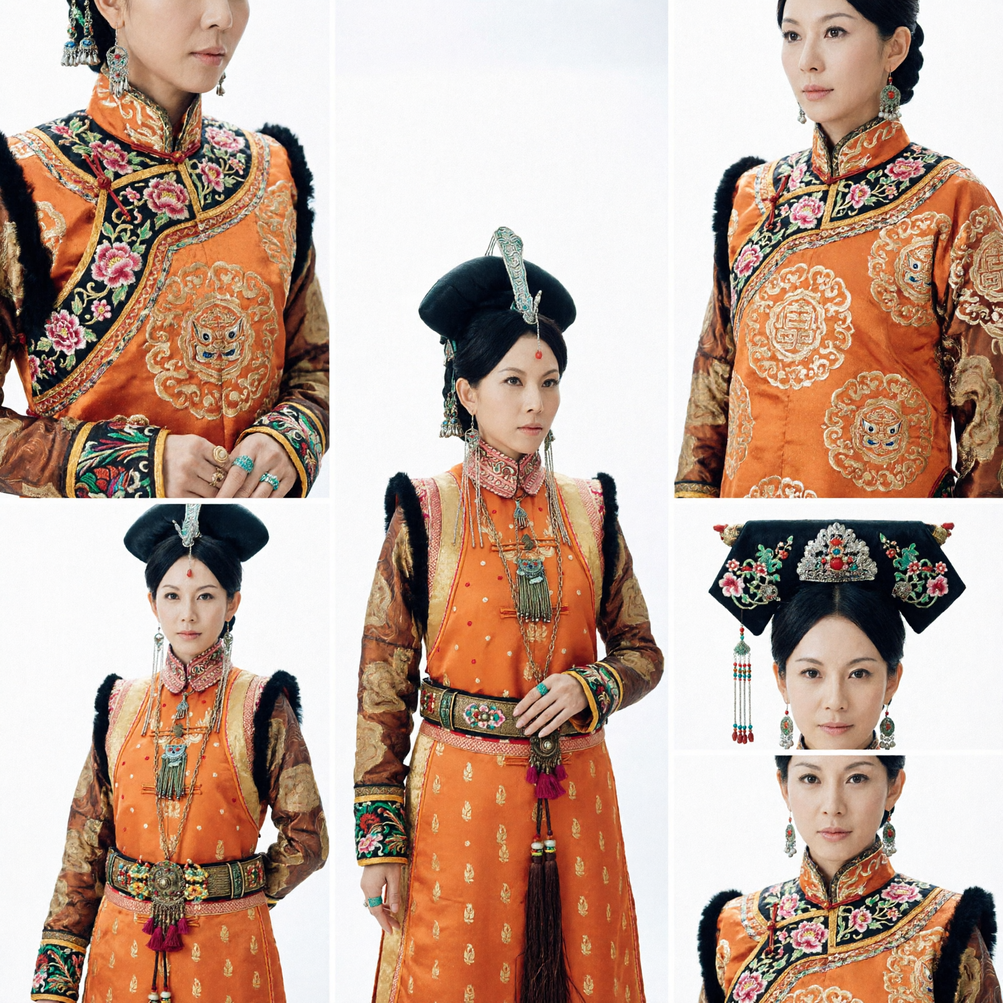 Traje Tradicional Chinês da Dinastia Qing da Princesa Manchu - Vestido de Corte Laranja Bordado com Adorno de Cabeça para Mulheres - Asian Costume