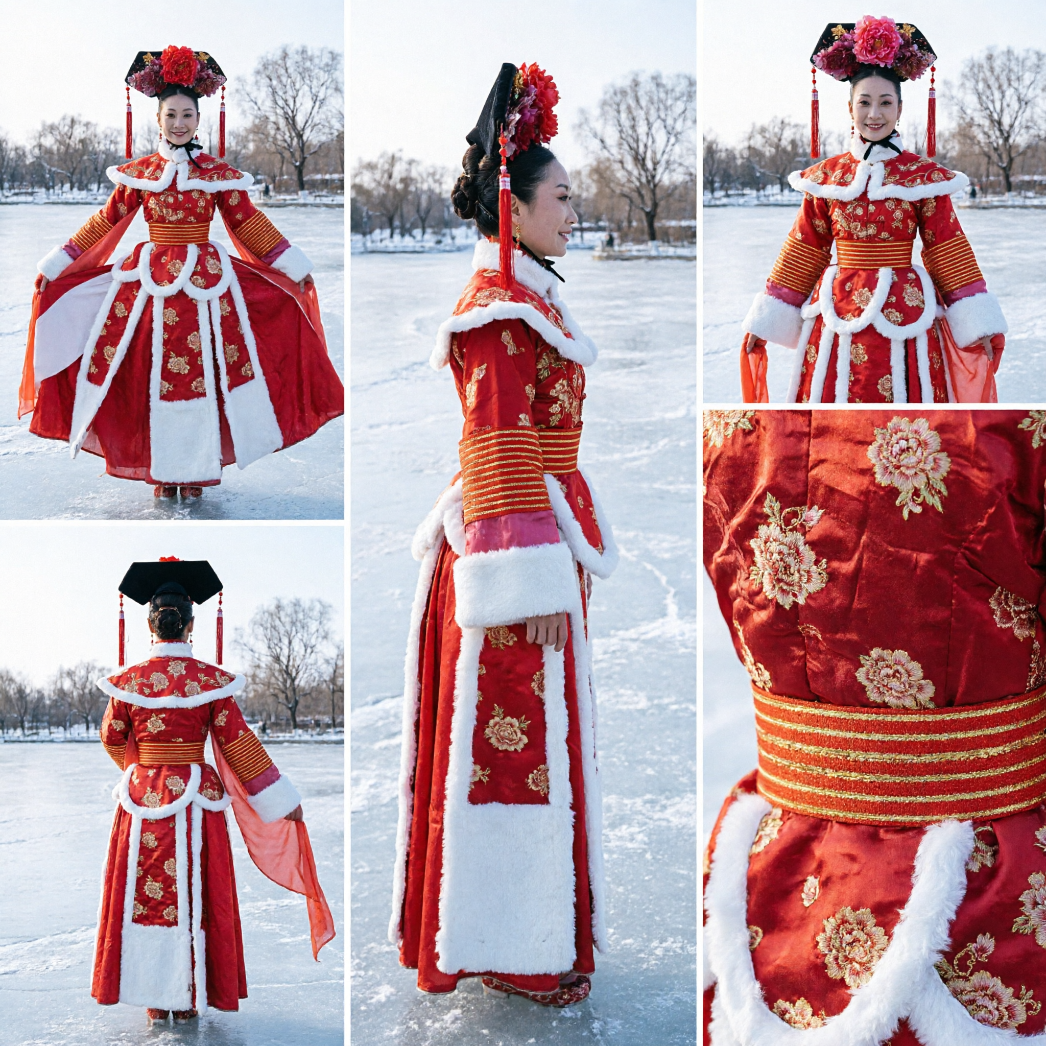 Vestido Vermelho de Princesa Antiga Tradicional Chinês - Traje de Dança no Estilo Manchu da Dinastia Qing com Aplicações de Pele para Mulheres - Asian Costume