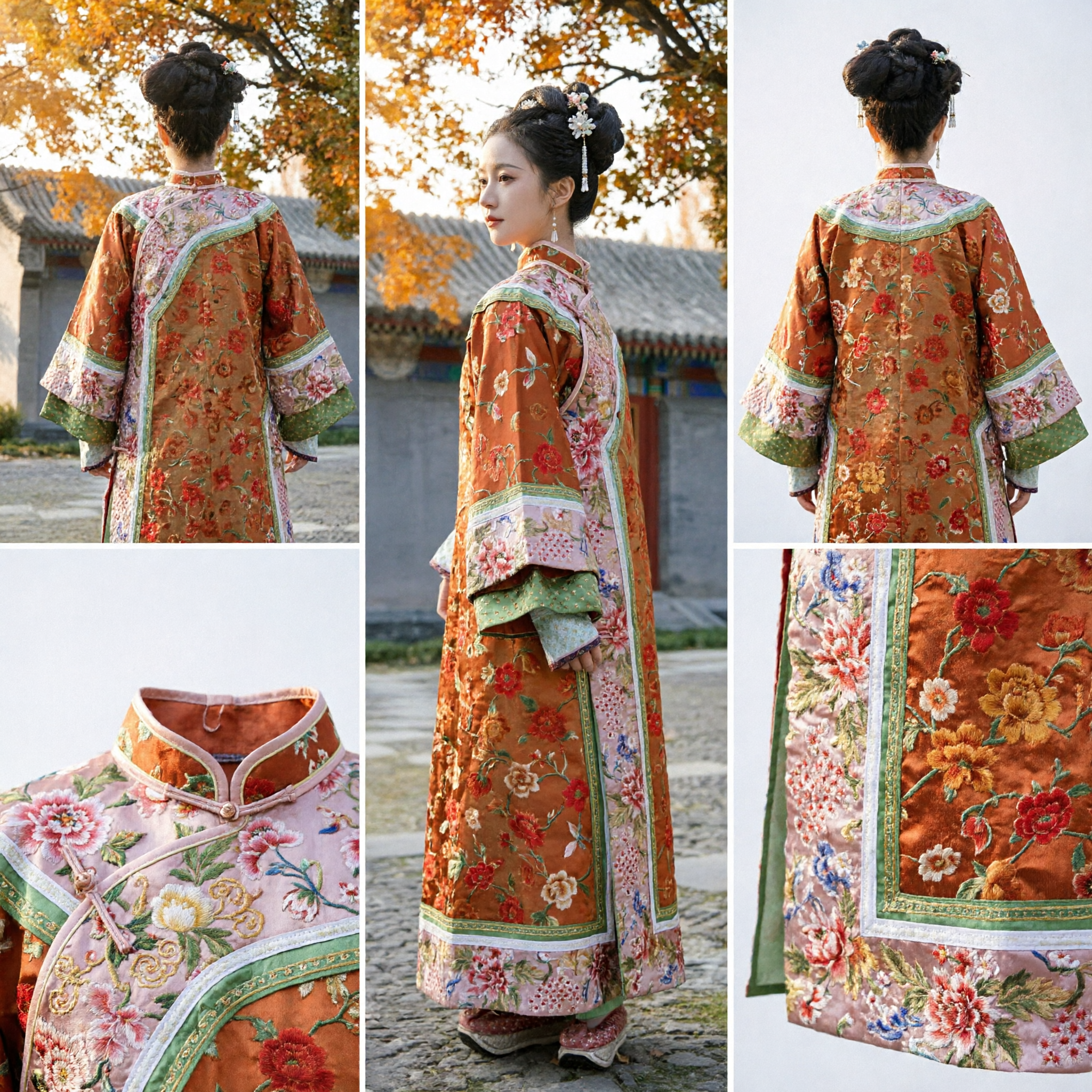 Traje Tradicional Chinês da Dinastia Qing de Dama da Corte - Robe Laranja Bordado, Vestuário Antigo Manchu para Mulheres - Asian Costume