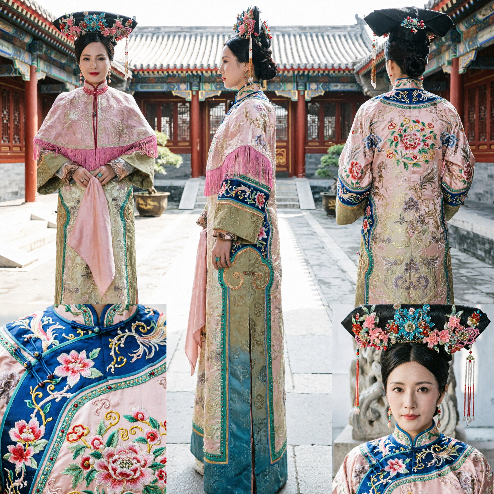 전통 중국 청나라 황후 의상 고궁 여인 그린 자수 로브와 핑크 운견 숄 - Asian Costume