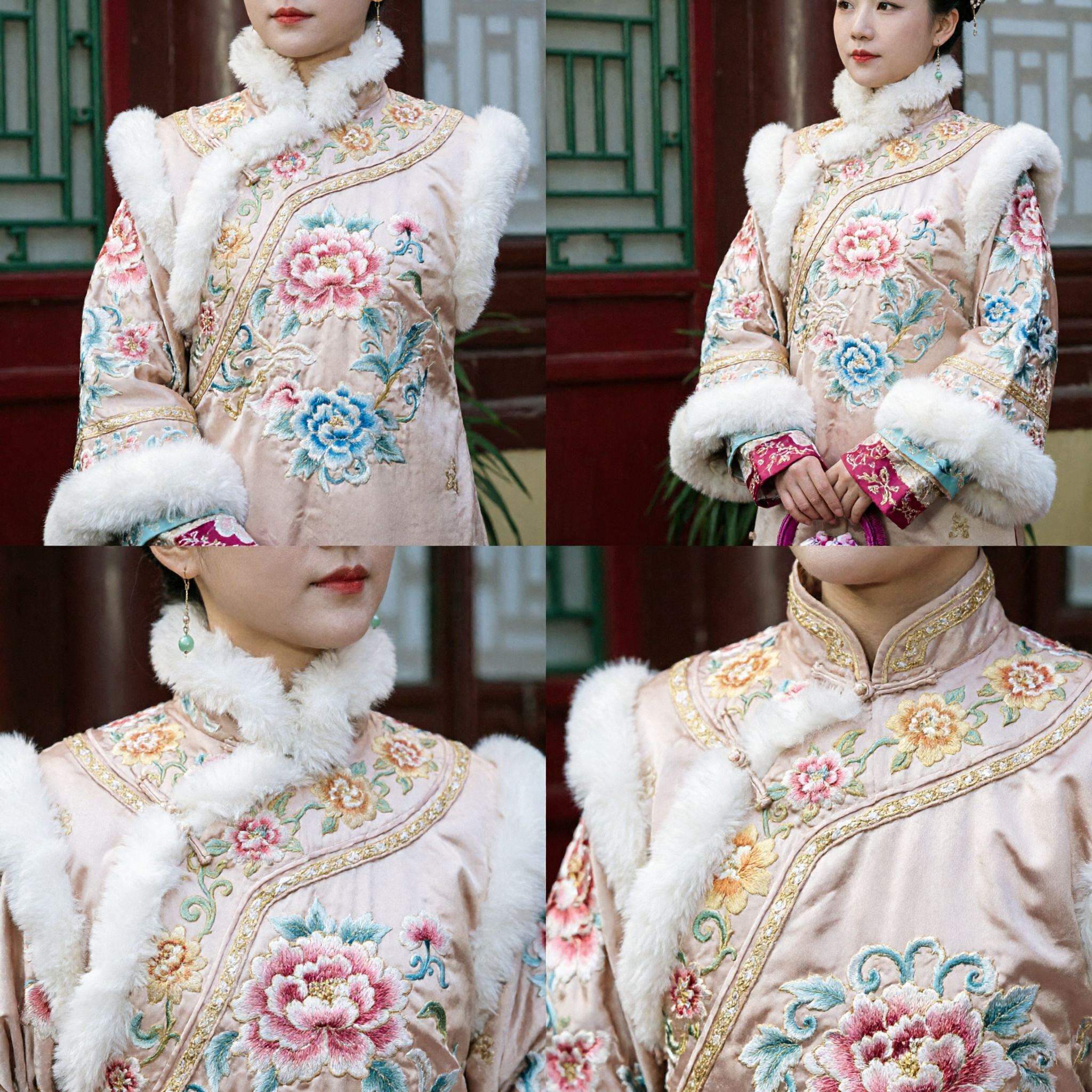 Ancient Chinese Qing Dynasty Noble Lady Costume Pink Floral Embroidery Fur Collar Winter Robe for Women - Asian Costume