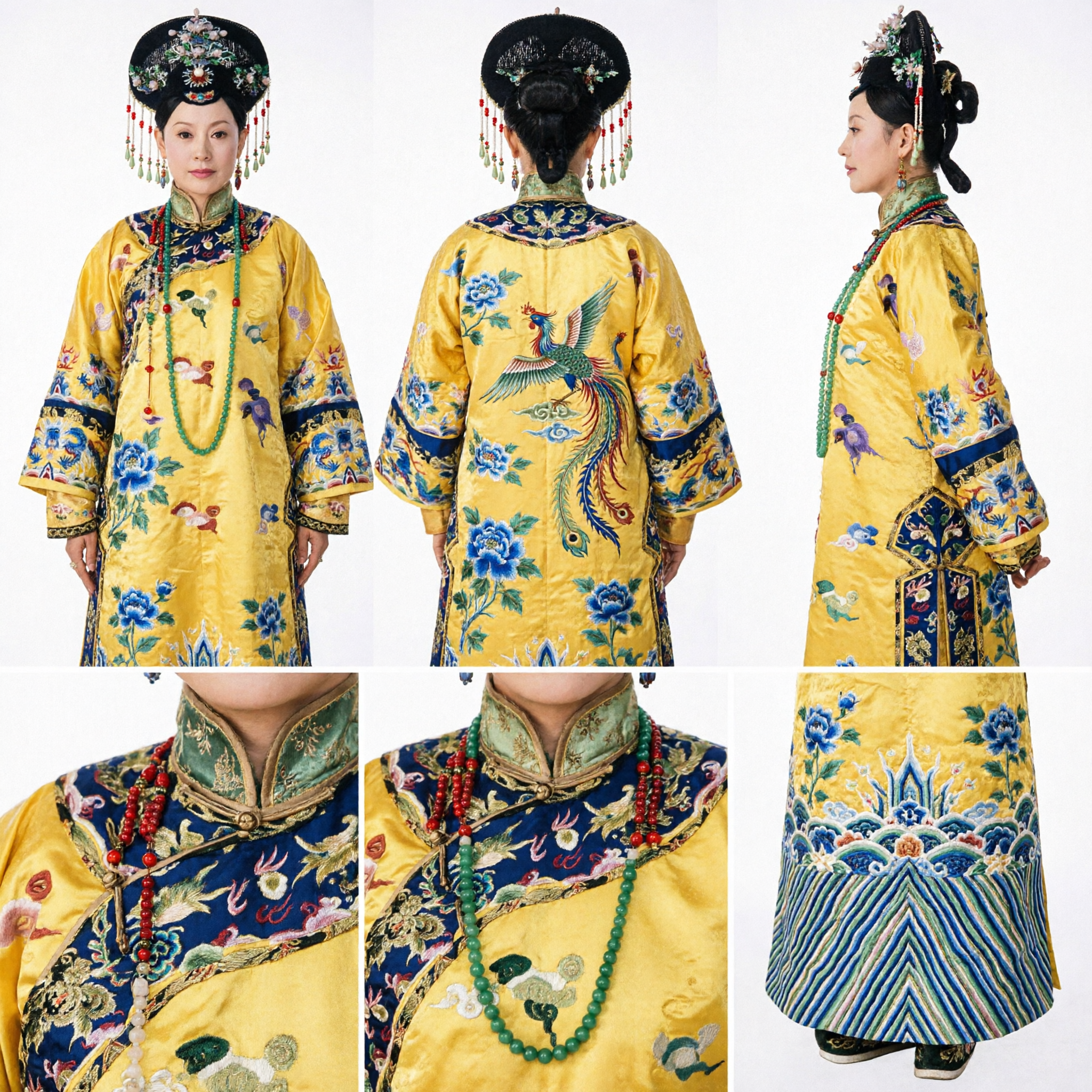 Costume da imperatrice dell'era Qing cinese tradizionale, abito giallo del drago e copricapo con perline per esibizioni femminili sul palco - Asian Costume