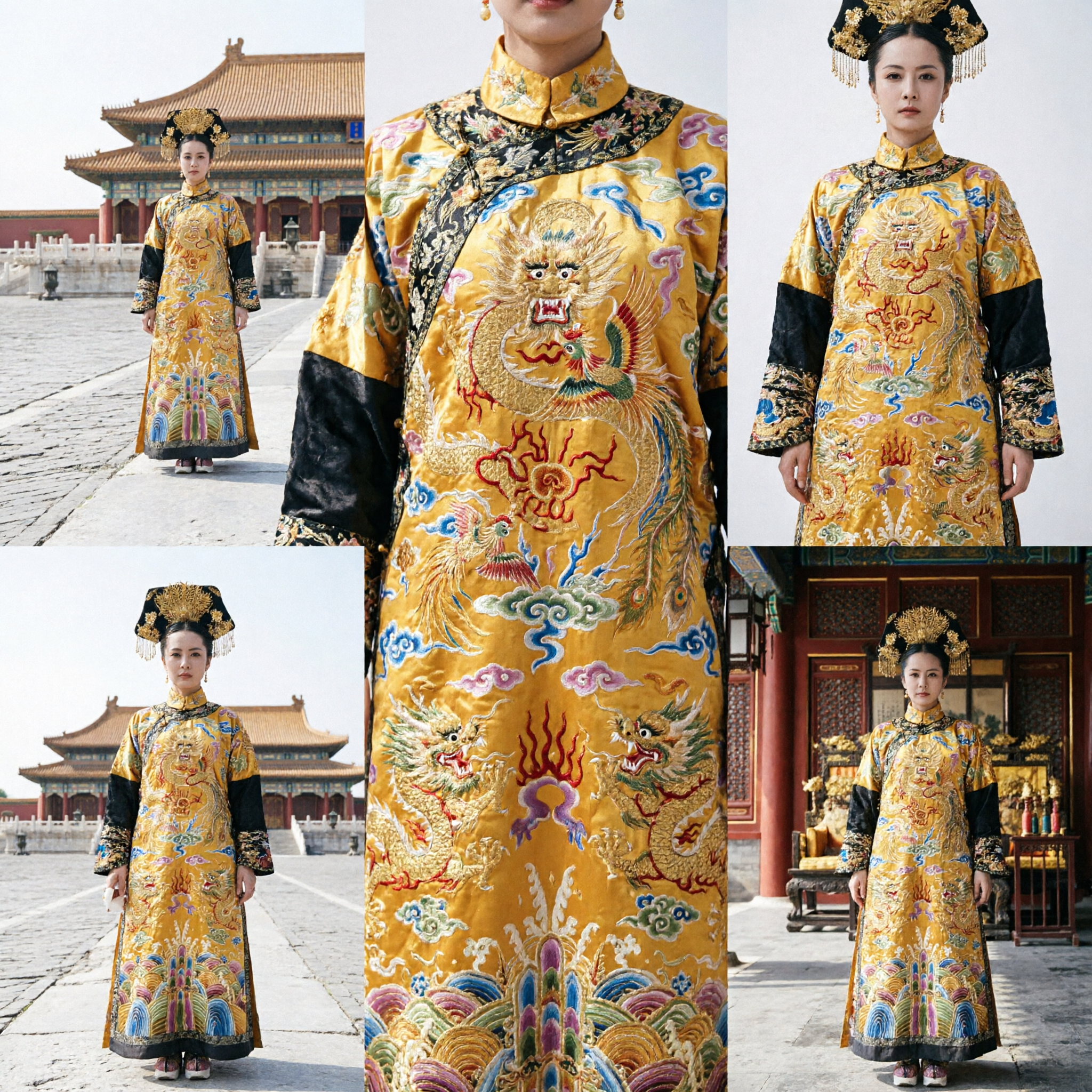 古代中国皇后衣装 清朝黄龍ローブ 伝統皇室ドレス 女性用歴史コスプレ - Asian Costume