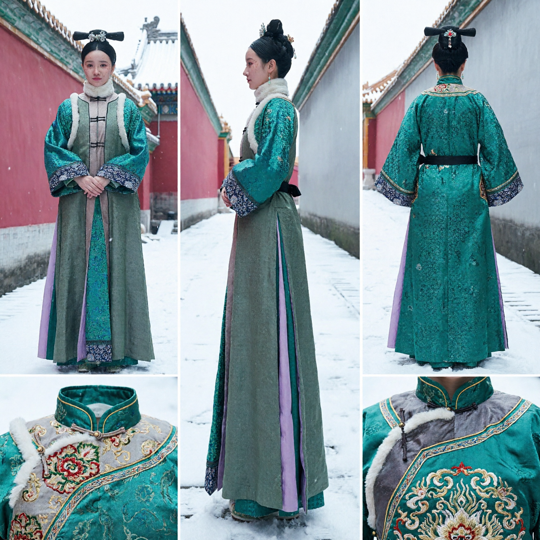 Robe Bordada Verde da Princesa Manchu da Dinastia Qing Traje Tradicional Chinês Antigo para Fotografia Feminina - Asian Costume