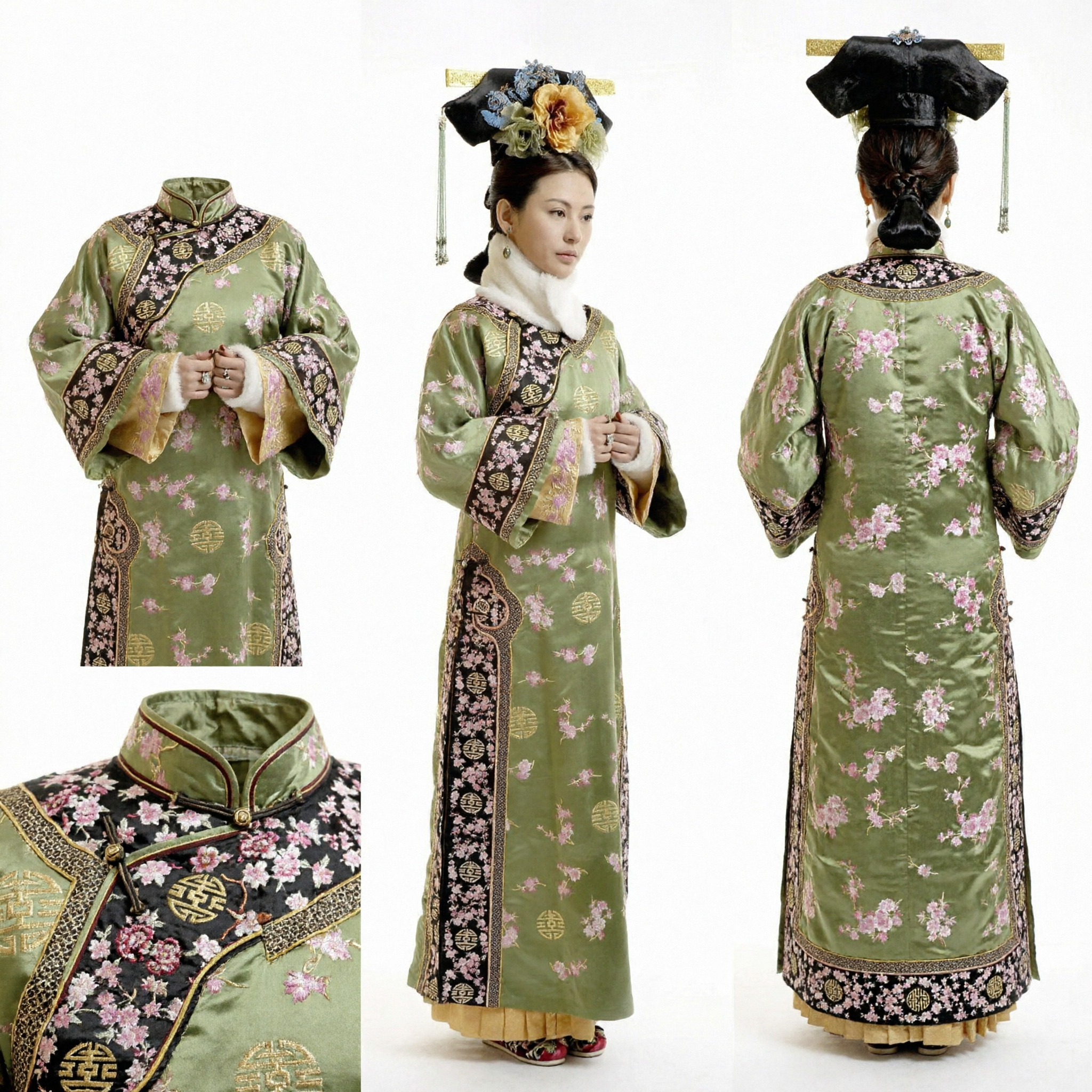 Abito tradizionale cinese per donne da dama di palazzo dell'era Qing verde floreale ricamato con copricapo per cosplay - Asian Costume