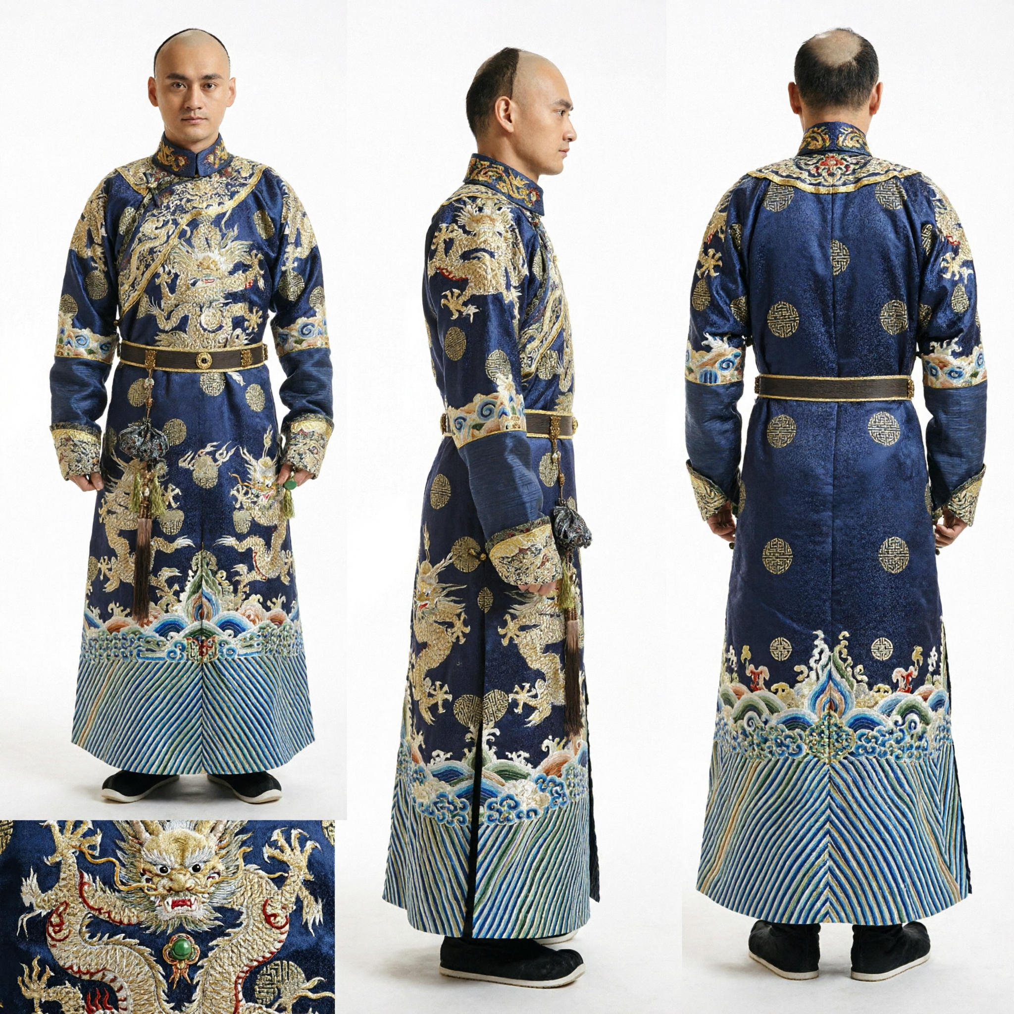 Costume Cosplay da Nobile della Dinastia Qing Cinese per Uomo con Veste Blu del Drago Ricamata in Oro Changshan - Asian Costume
