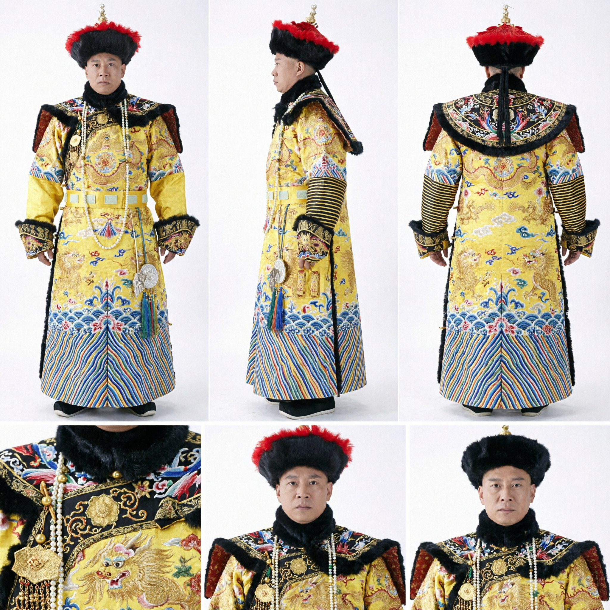 男性用伝統的中国清朝皇帝衣装 黄色いドラゴンローブ（毛皮帽子付き）コスプレ用 - Asian Costume