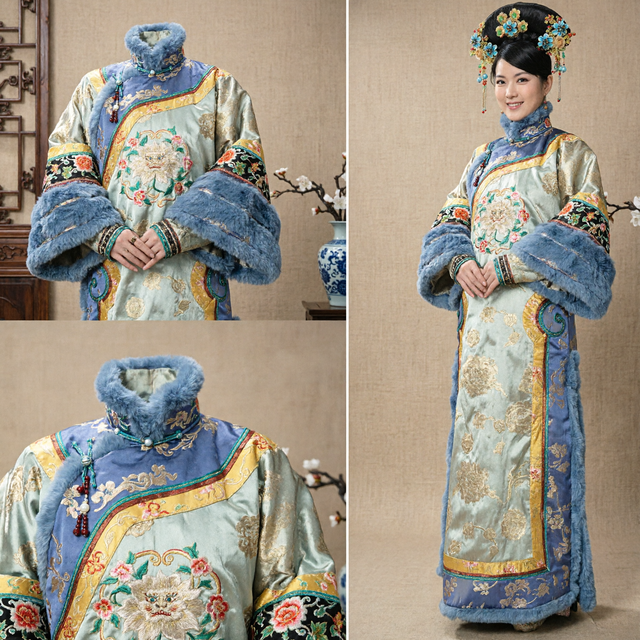 Costume complet de princesse mandchoue de la dynastie Qing chinoise traditionnelle - Robe brodée, garniture en fourrure et coiffe pour femmes - Asian Costume