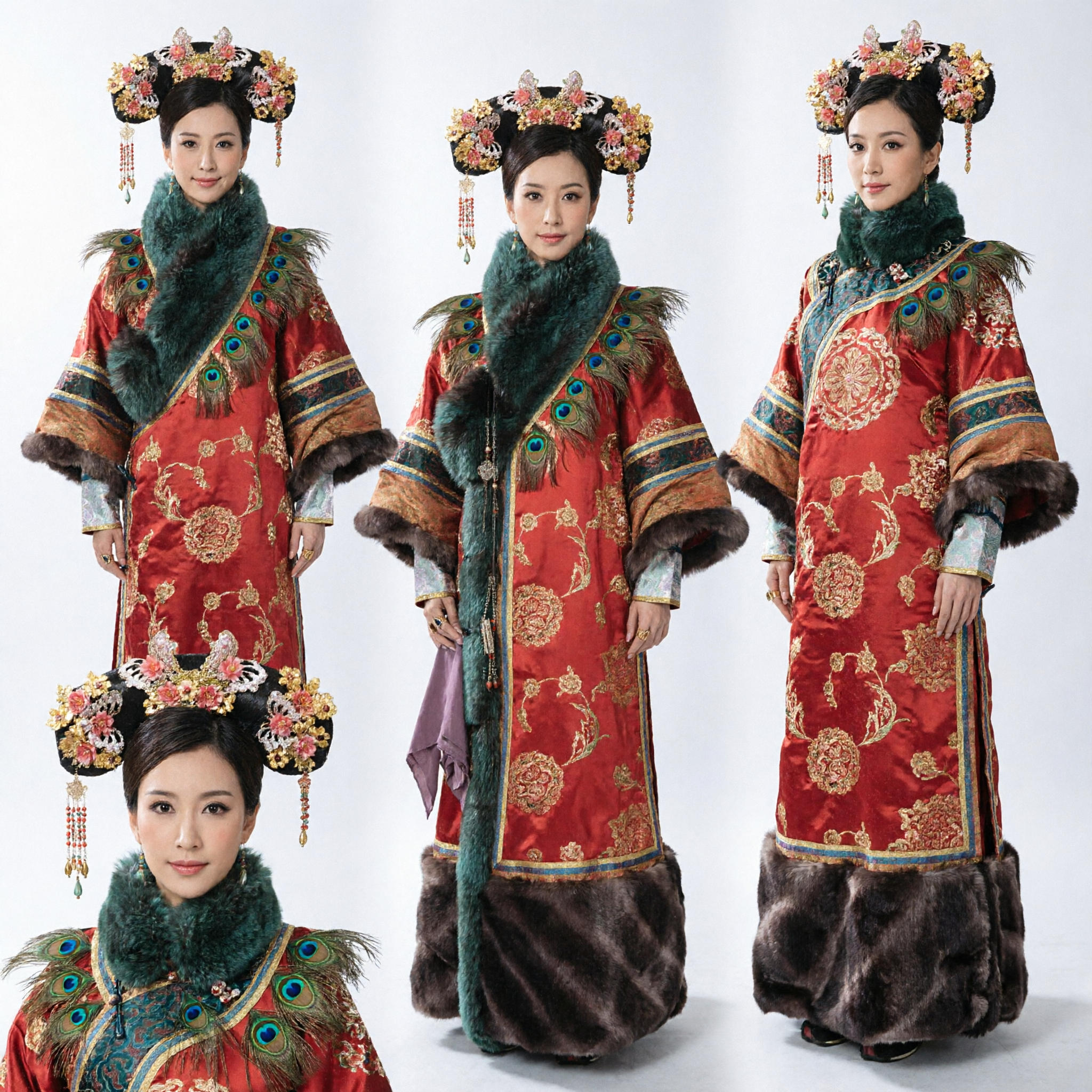 Traje de Concubina Imperial de la Dinastía Qing China Tradicional para Mujeres, Túnica Roja Bordada con Piel para Cosplay - Asian Costume