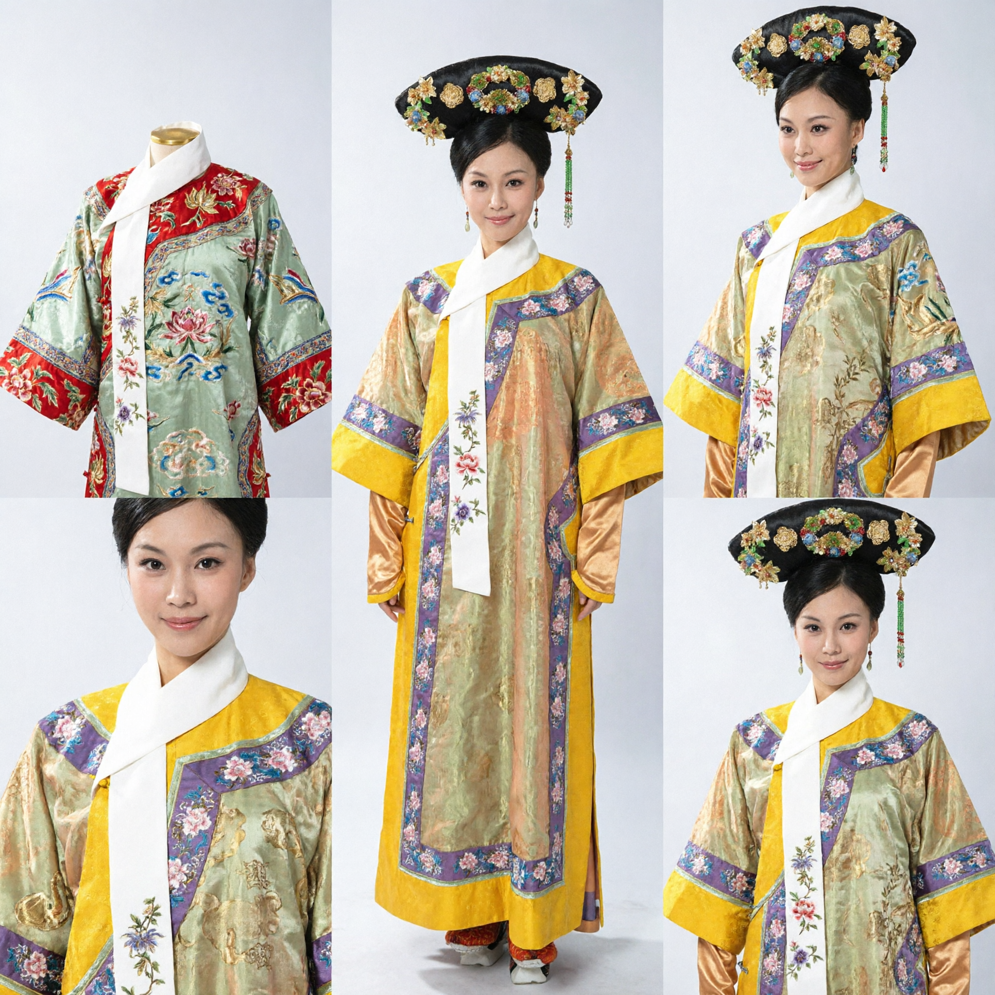 Traje de Dama de Palacio de la Dinastía Qing China Tradicional, Túnica Amarilla Floral y Tocado Manchú para Mujeres para Cosplay y Actuaciones - Asian Costume