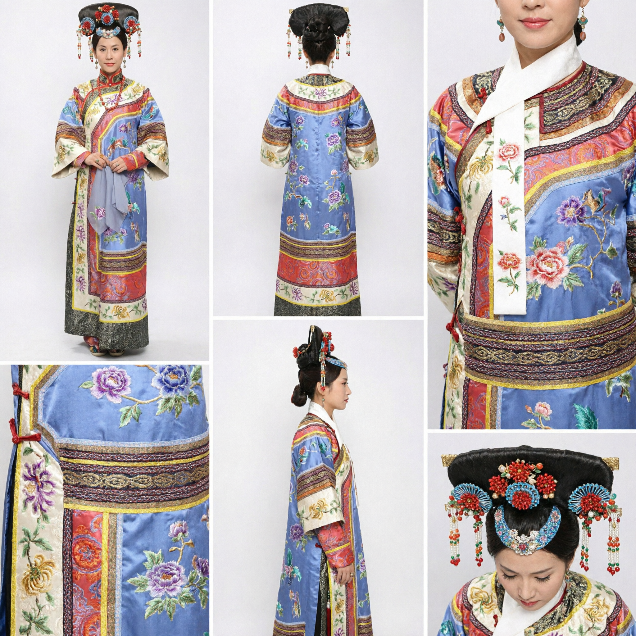 Costume de noble femme mandchoue de la dynastie Qing chinoise traditionnelle - Ensemble robe bleue brodée et coiffe pour femmes - Asian Costume