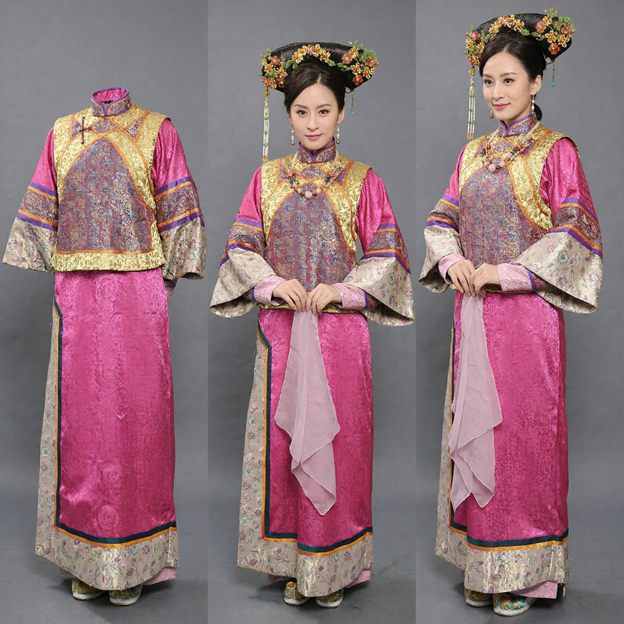 Costume tradizionale della principessa Manciù della dinastia Qing cinese, abito rosa ricamato con gilet dorato per cosplay femminile - Asian Costume