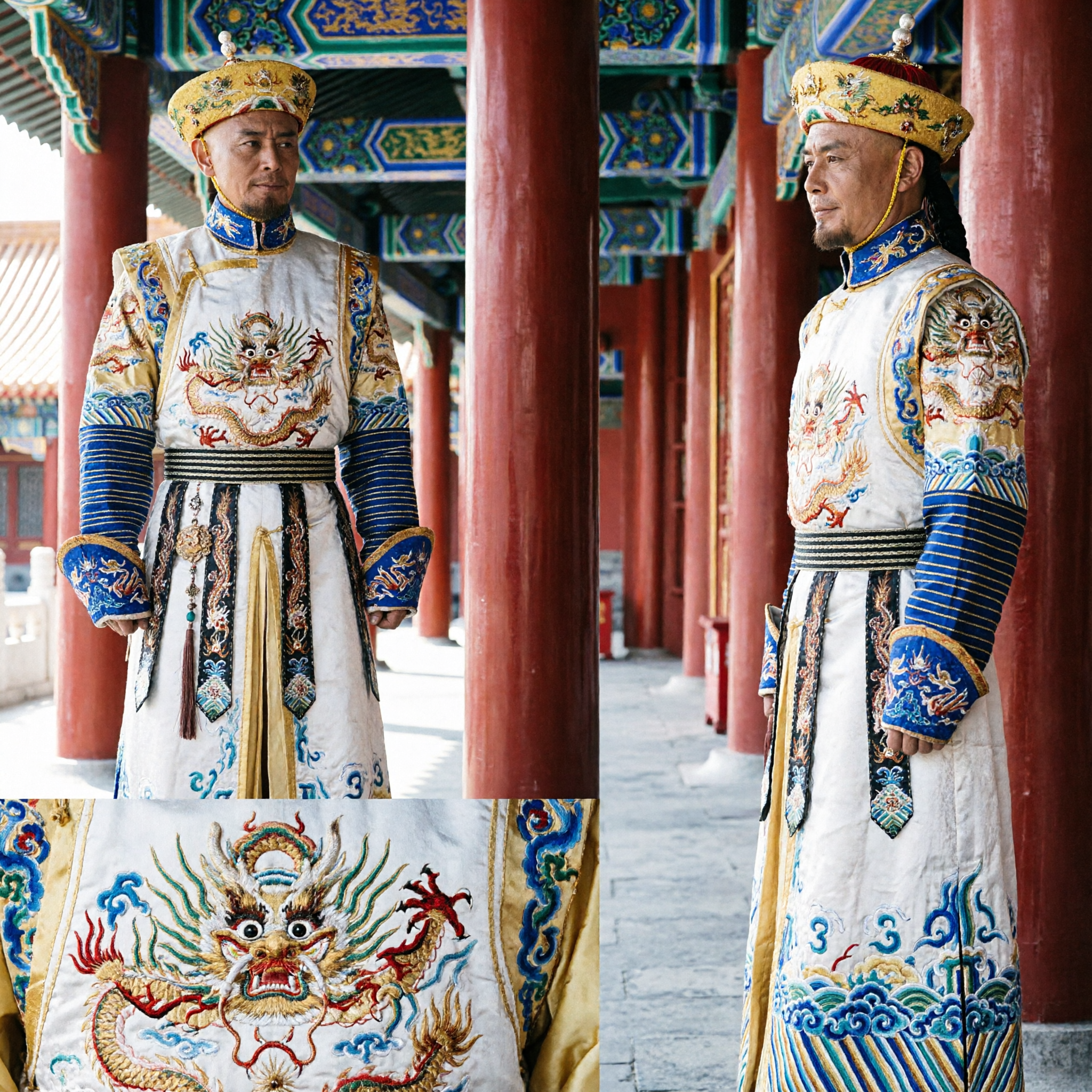 Veste del drago dell'imperatore della dinastia Qing tradizionale, costume in seta gialla per uomini per cosplay storico e spettacoli teatrali - Asian Costume