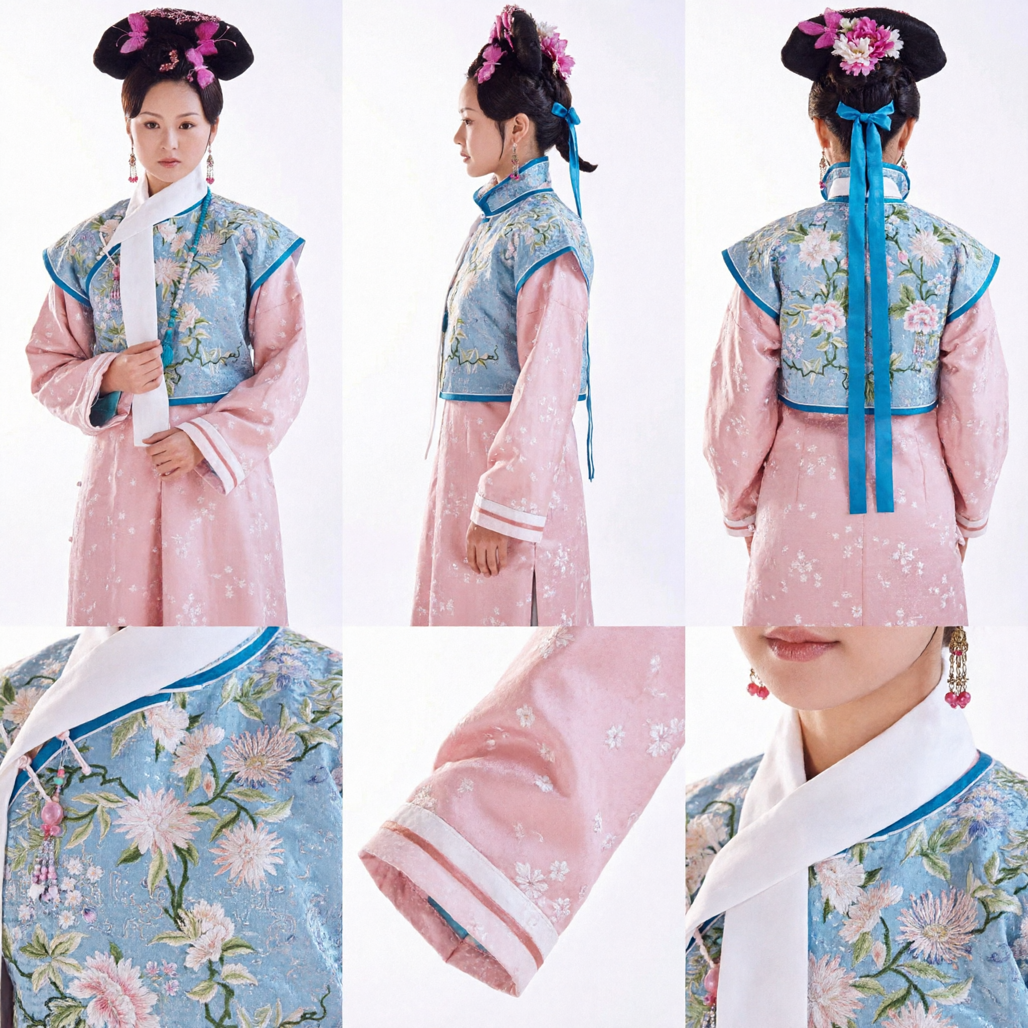 전통 중국 청나라 공주 의상 파란색 꽃 자수 운문 망토 분홍 예복 역사 코스프레 복장 - Asian Costume