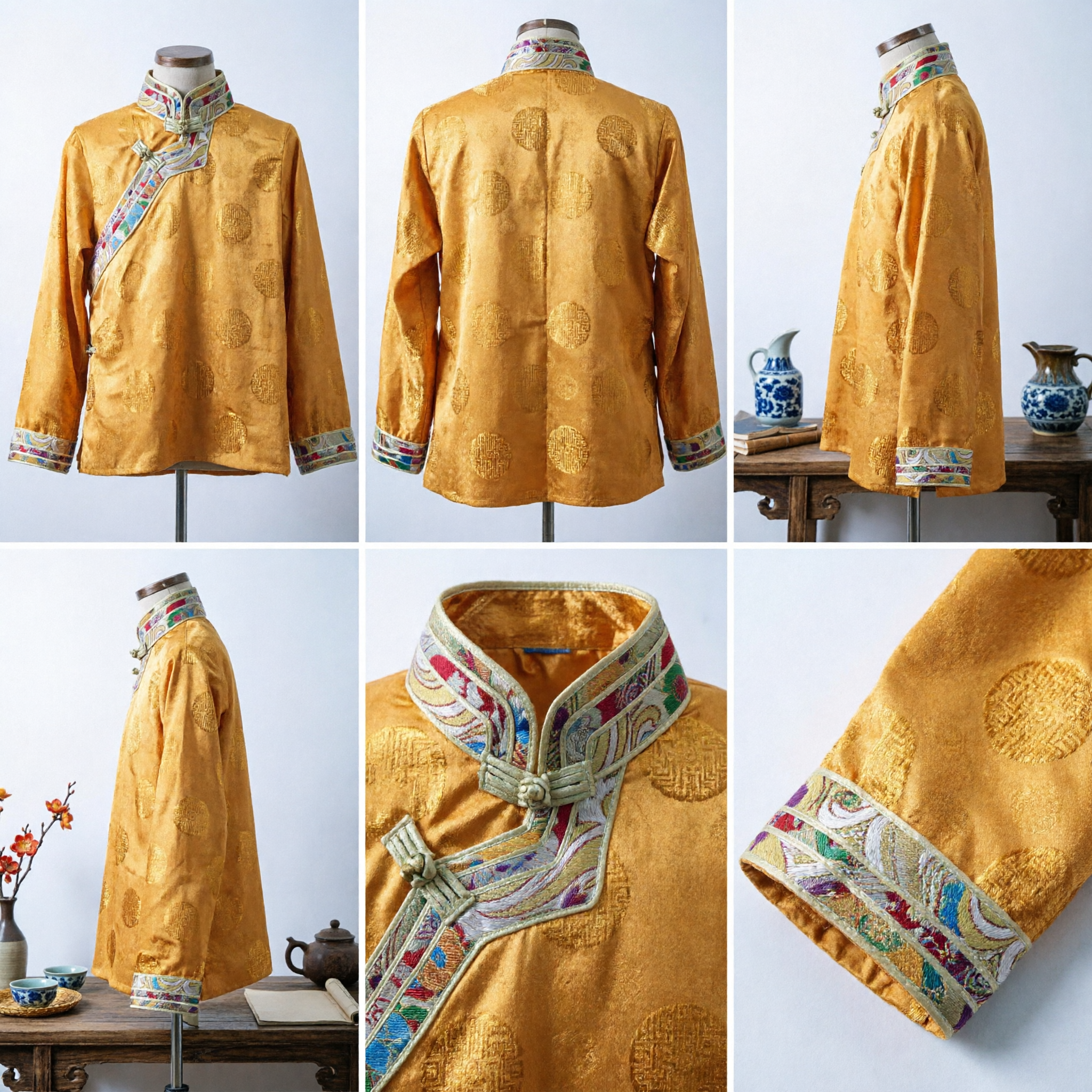 Haut Tangzhuang traditionnel chinois pour hommes - Veste en brocart de soie jaune avec col brodé pour mariages et spectacles - Asian Costume