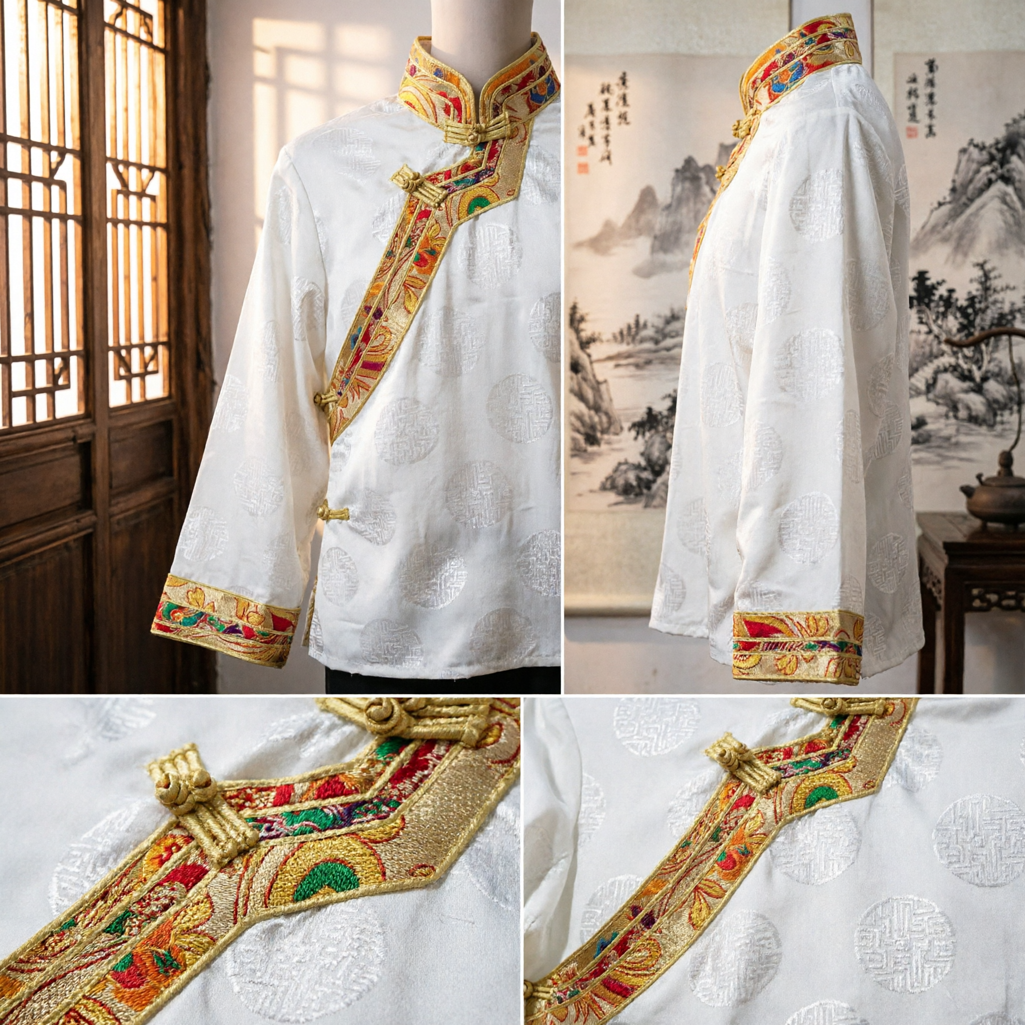 Traje Étnico Mongol Tradicional Chinês para Homens Camisa Robe Branca com Bordado Dourado para Dança - Asian Costume