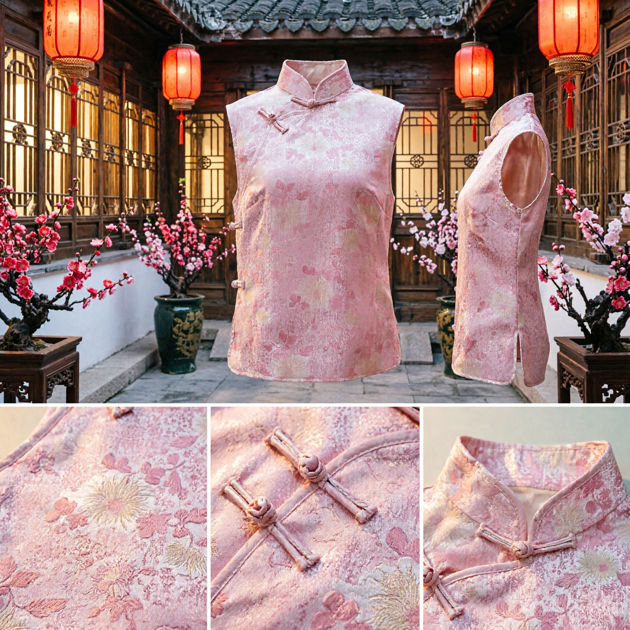Gilet traditionnel chinois en brocart floral rose pour femmes - Haut Tangzhuang sans manches à col mandarin pour festivals - Asian Costume