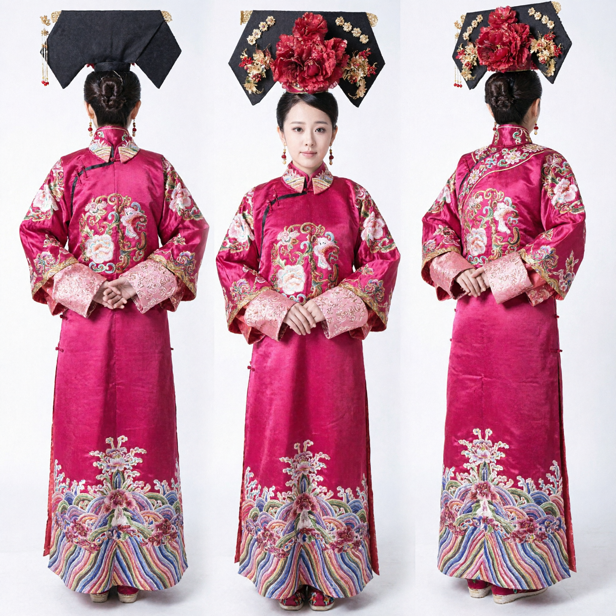 Traditionelles chinesisches Qing-Dynastie-Manchu-Prinzessinnen Rosa besticktes Gewand und Kopfschmuck Kostümset - Asian Costume