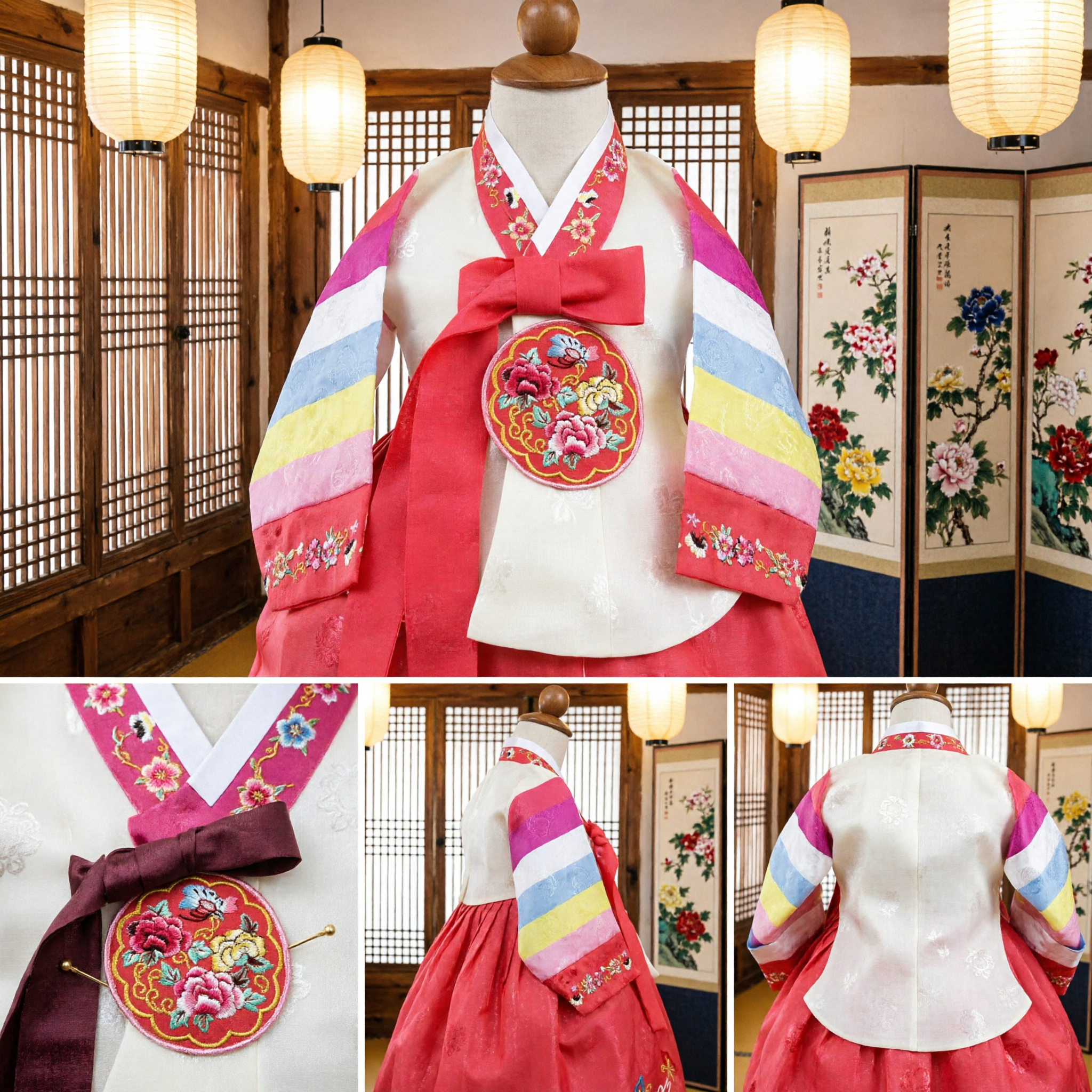 Tradycyjna koreańska suknia Hanbok dla dziewczynki na pierwszą rocznicę urodzin Dol Ceremony, kostium z tęczowymi rękawami - Asian Costume
