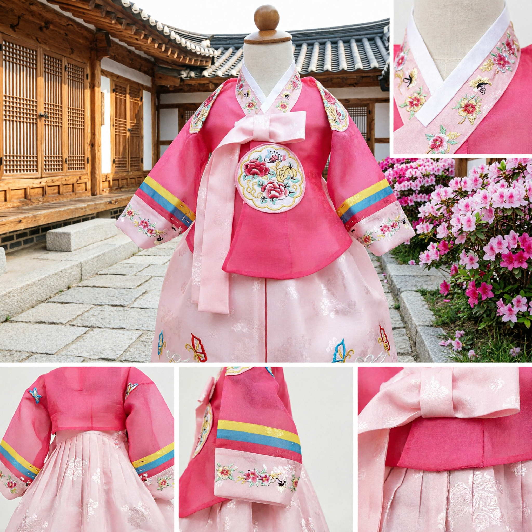 Hanbok Coreano Tradicional para Meninas Conjunto Jeogori e Chima Rosa Bordado para Doljanchi, Casamentos e Festivais - Asian Costume