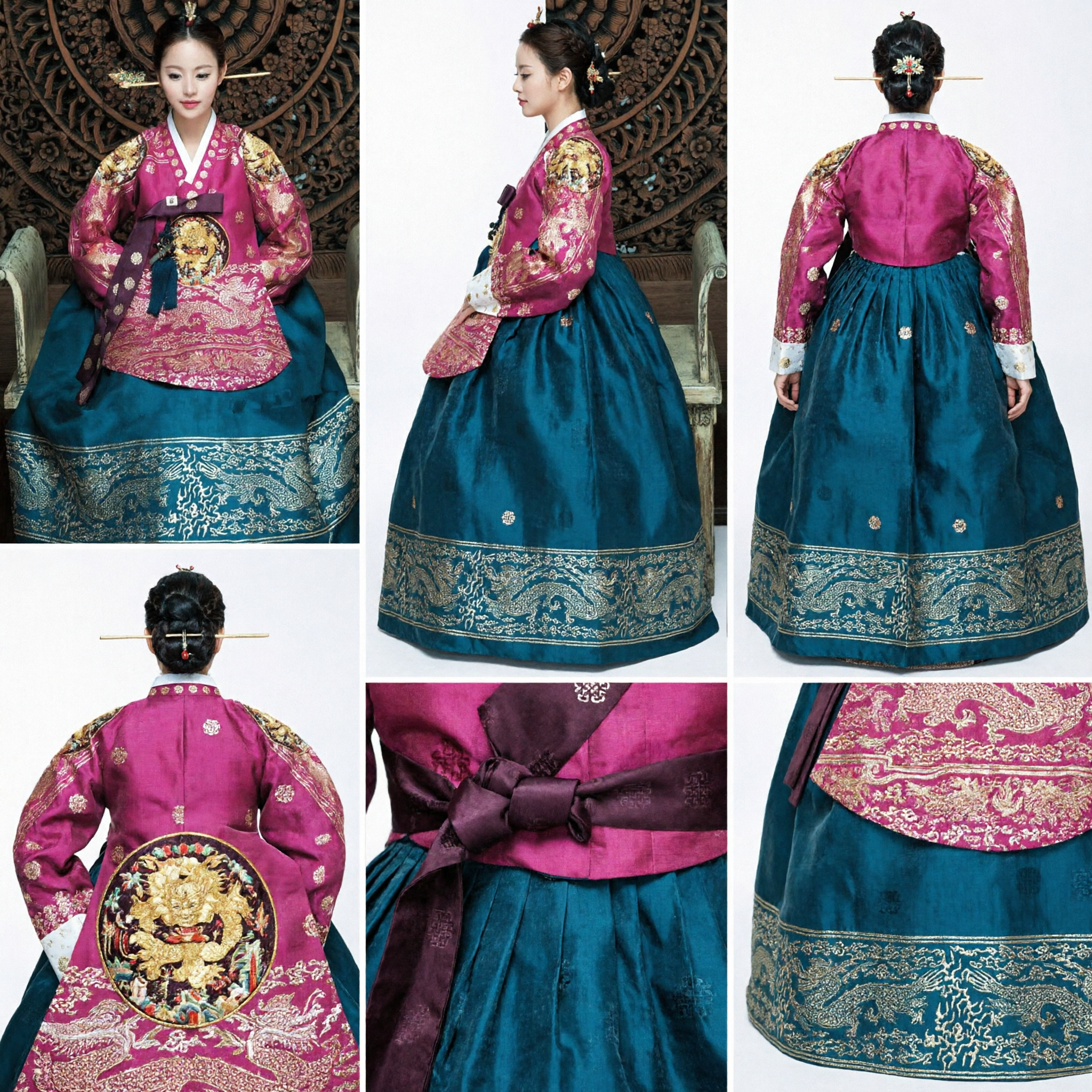 Damski królewski koreański hanbok tradycyjna suknia pałacowa różowy góra niebieska spódnica z haftem smoka - Asian Costume