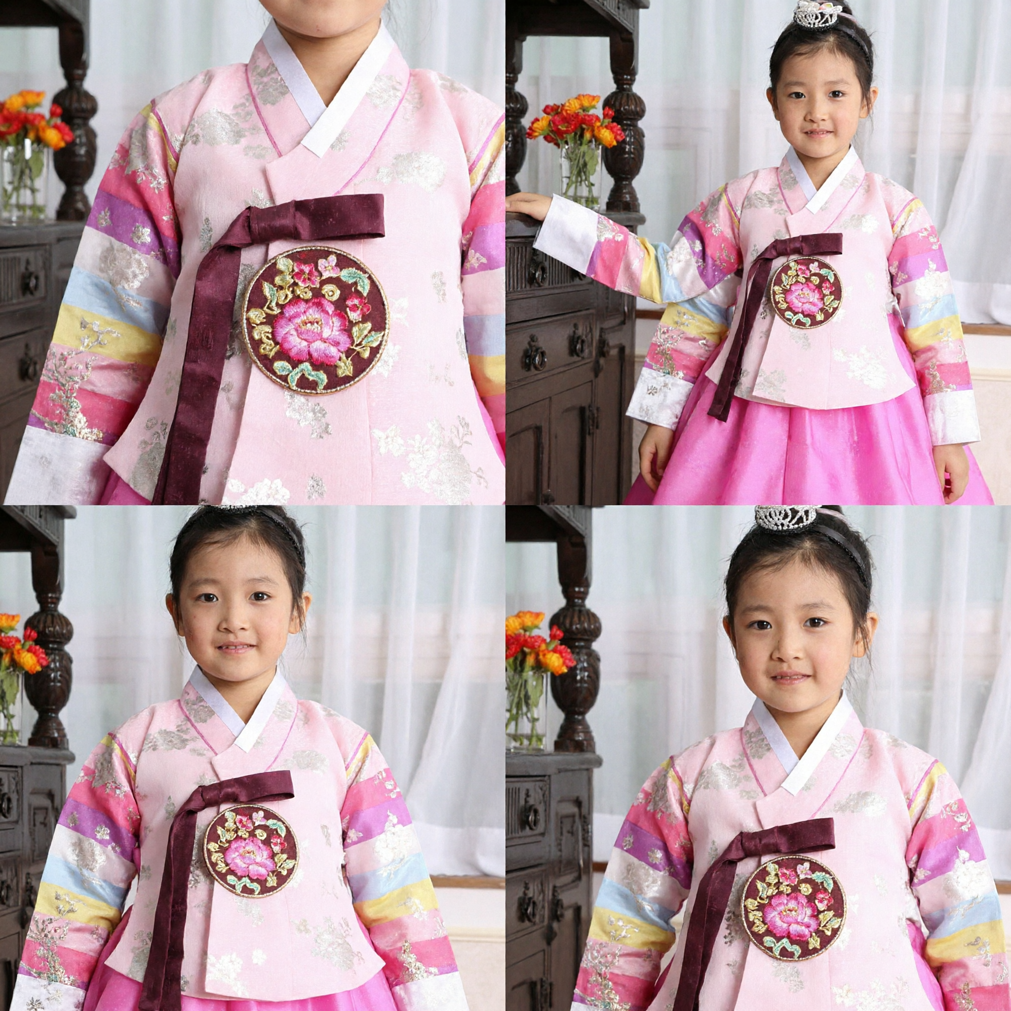 Abito Hanbok tradizionale coreano rosa ricamato per ragazze costume per bambini per cerimonie formali e festività - Asian Costume