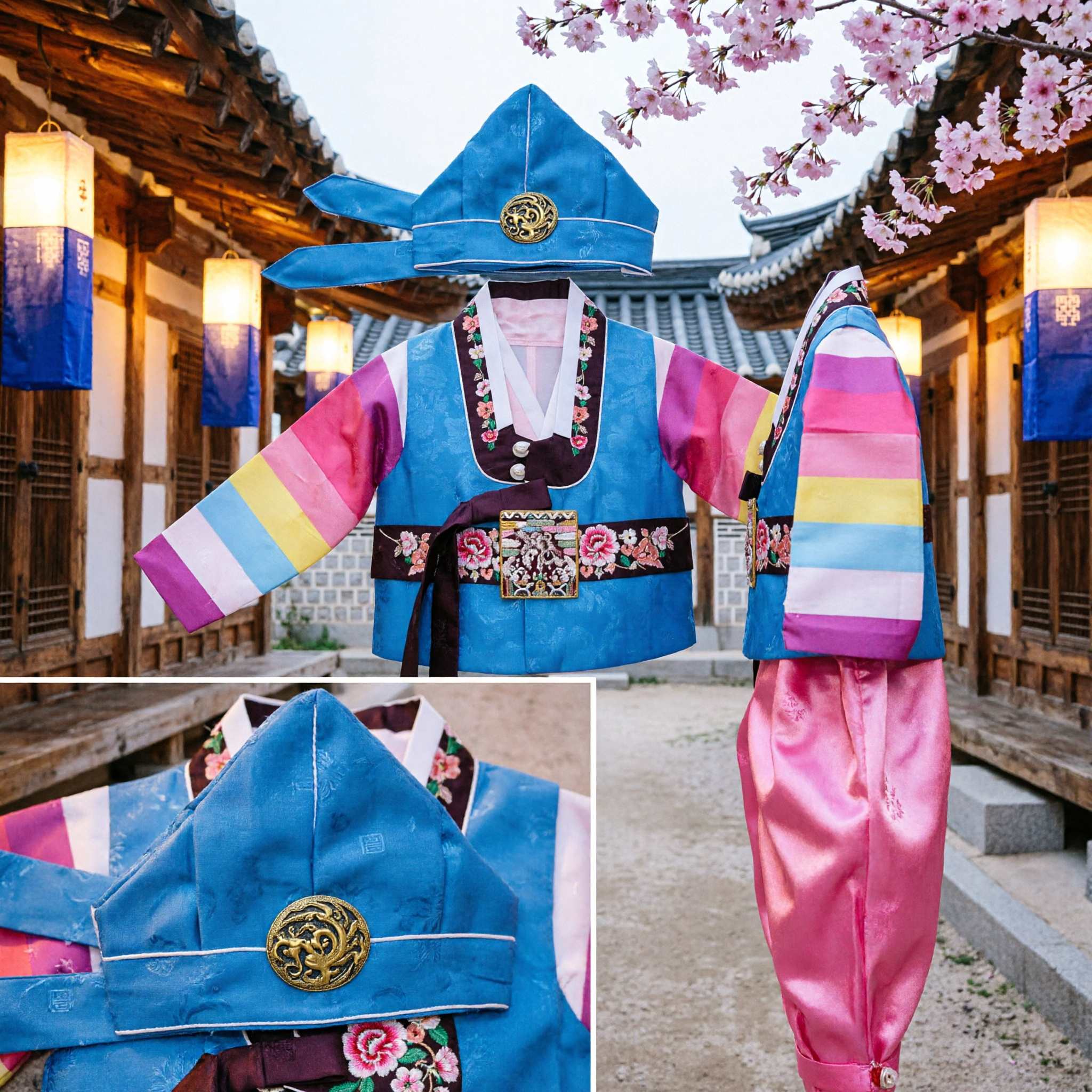 Traditionele Koreaanse Baby Hanbok Dolbok Set Blauwe Regenboogmouwen Vest Roze Broek voor Eerste Verjaardag Doljanchi - Asian Costume