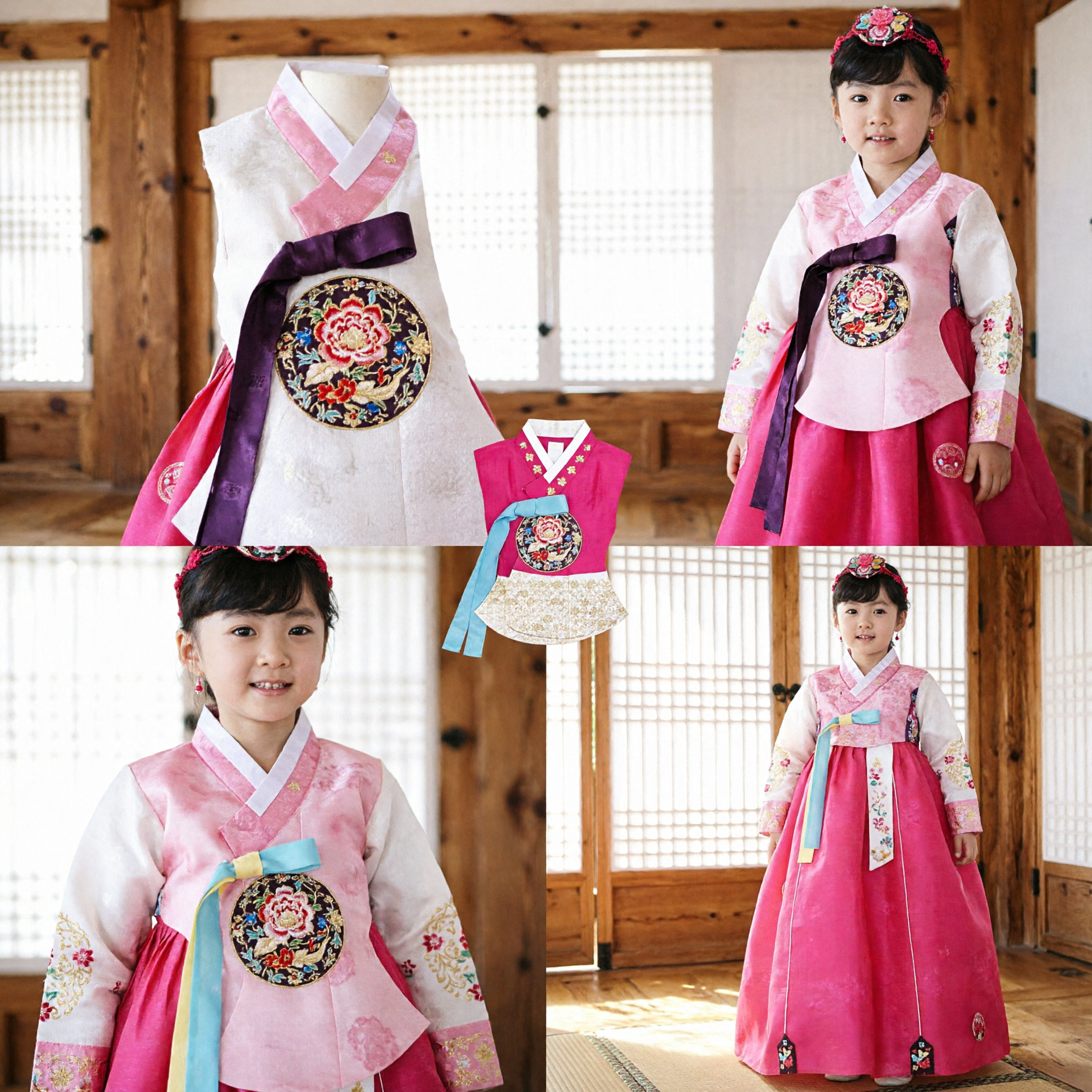 Vestido Hanbok Coreano Tradicional Floral Rosa para Meninas Traje Infantil para Festa de Aniversário Feriado - Asian Costume