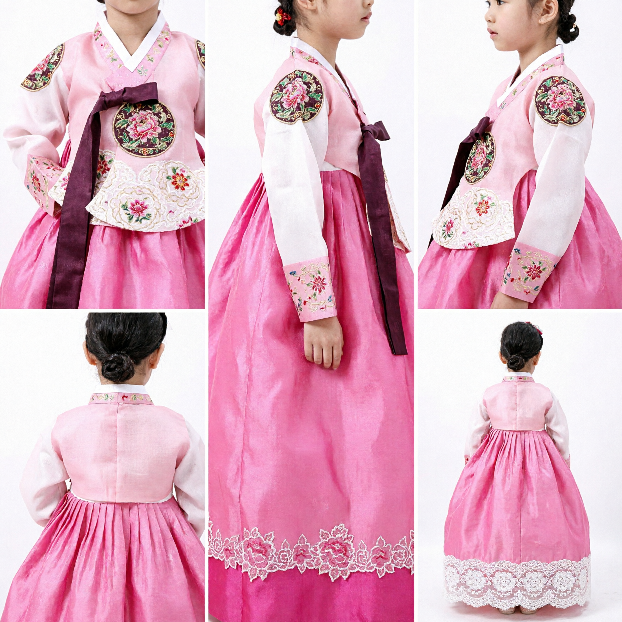 Traditionele Koreaanse Hanbok voor Meisjes Roze Kant Zoom Jurk Kinderen Kostuum voor Verjaardagen en Feestdagen - Asian Costume