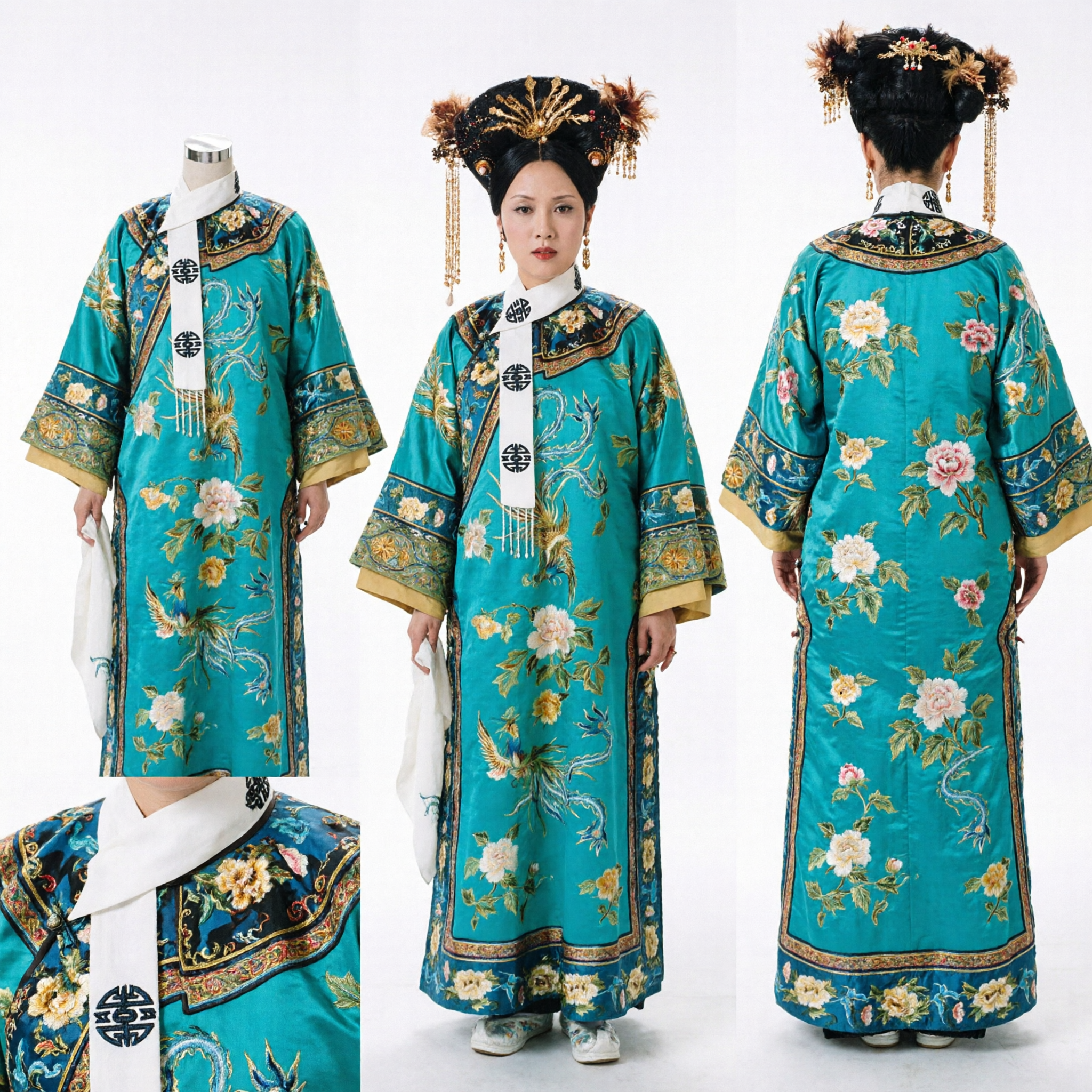 Traje de Imperatriz Manchu da Dinastia Qing Chinesa Manto Bordado Azul-Petróleo com Toucado para Mulheres - Asian Costume