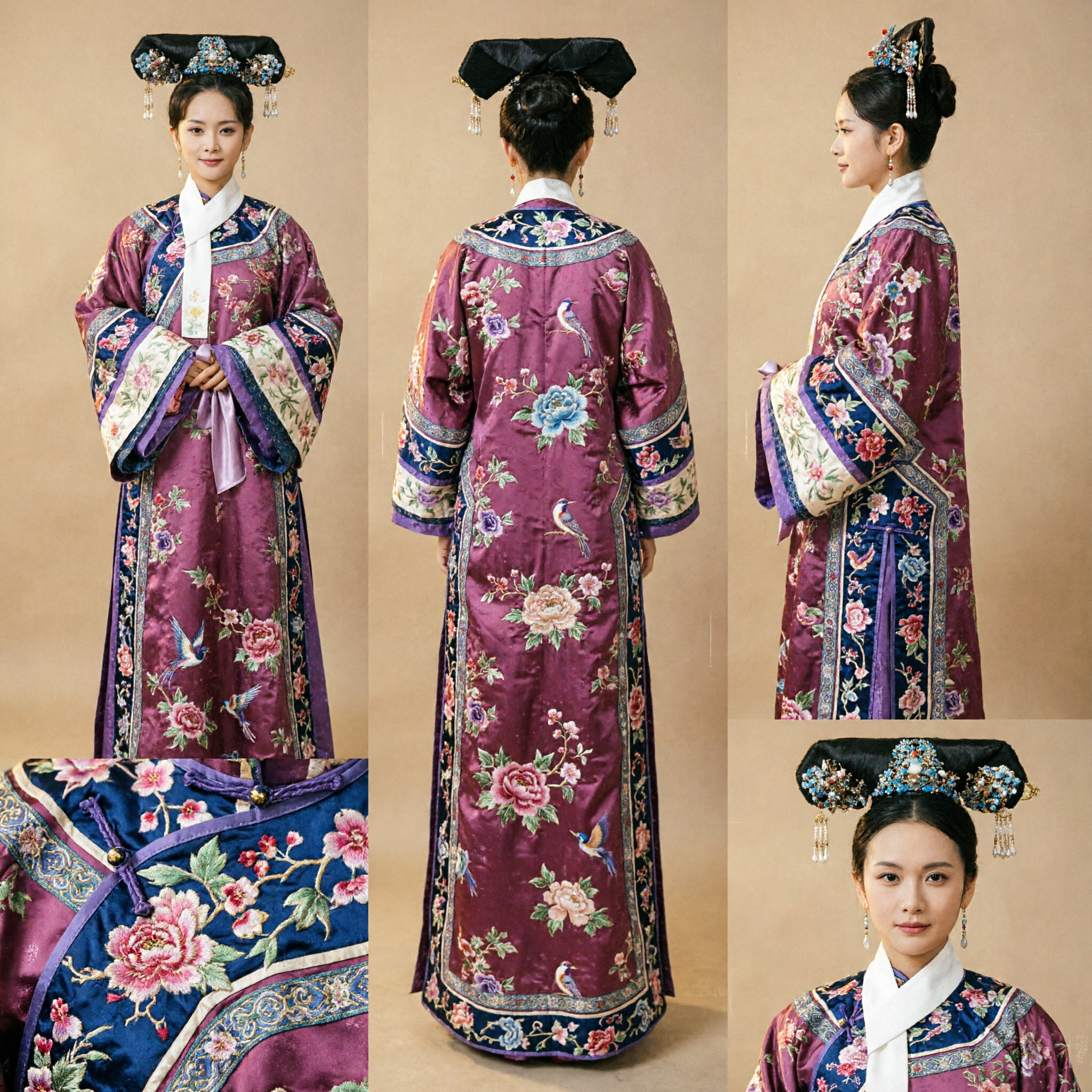 Traje Tradicional de Dama Noble Manchu de la Dinastía Qing China Túnica Floral Púrpura y Tocado para Mujeres Cosplay - Asian Costume