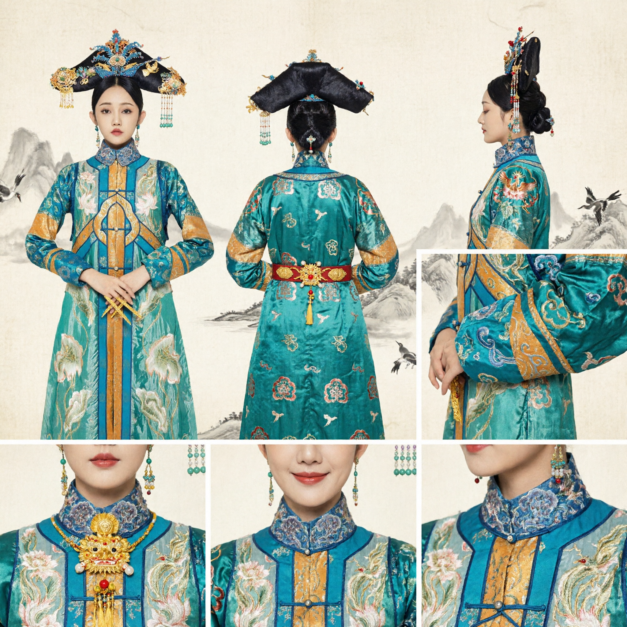청록색 청나라 만주 황실 후궁 로브 (고대 중국 전통 자수 의상, 여성용) - Asian Costume