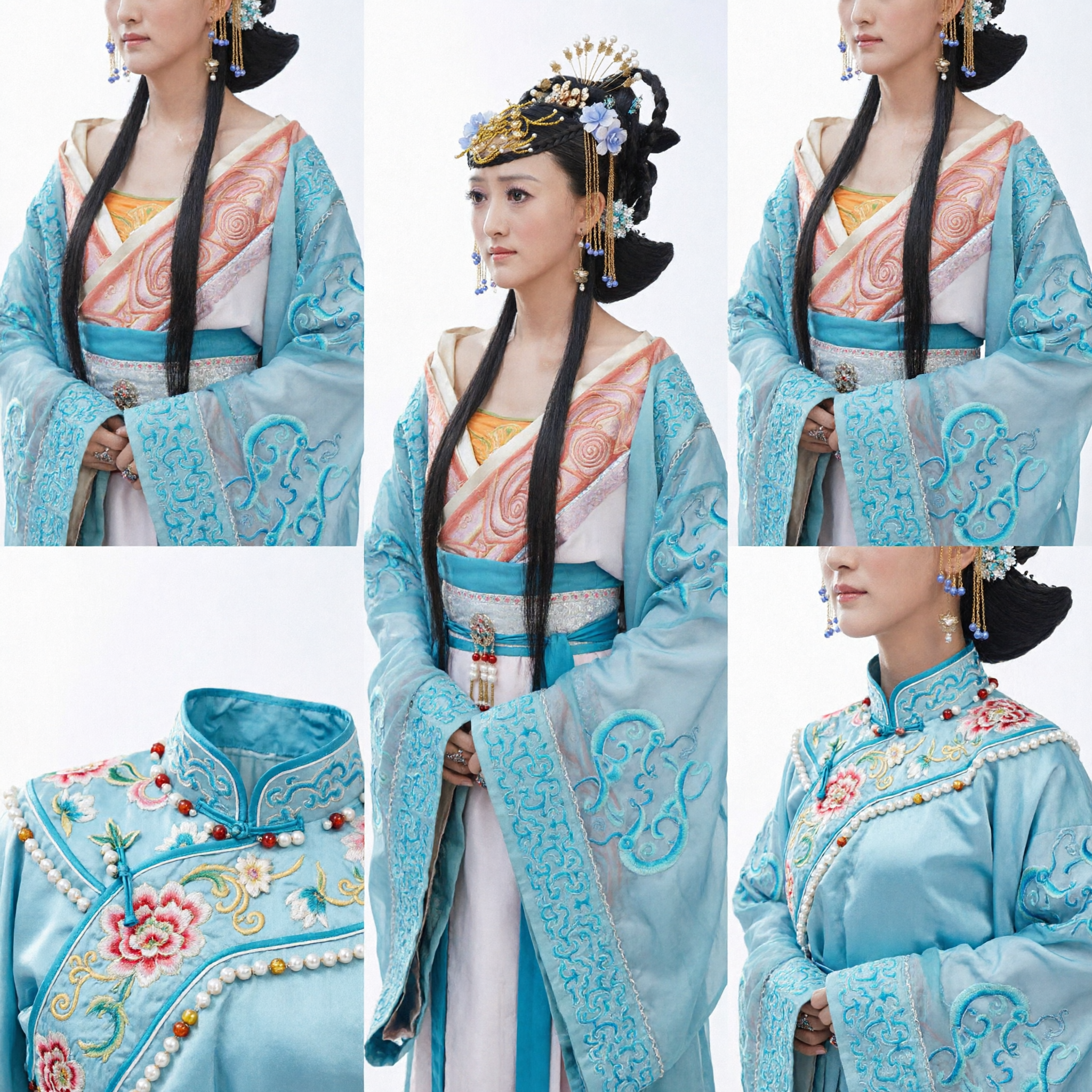 Komplettes antikes chinesisches Palastprinzessin-Hanfu-Kostüm-Set blaues besticktes Gewand mit Perlen-Haarschmuck für Frauen - Asian Costume