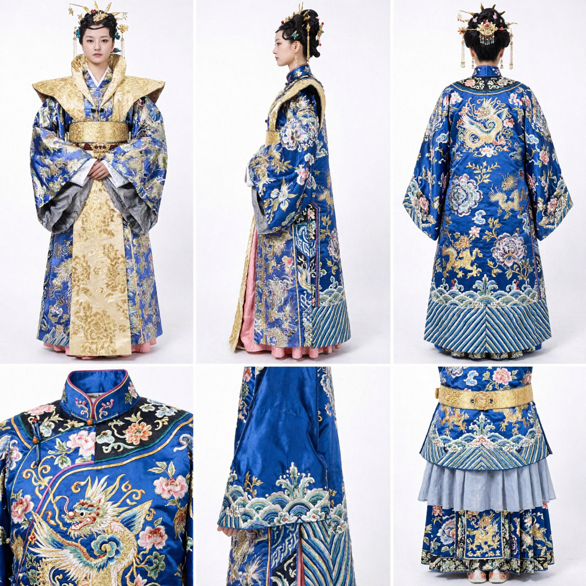Traditional Chinese Empress Costume Ancient Royal Blue Hanfu Dress with Gold Embroidery for Women - Asian Costume