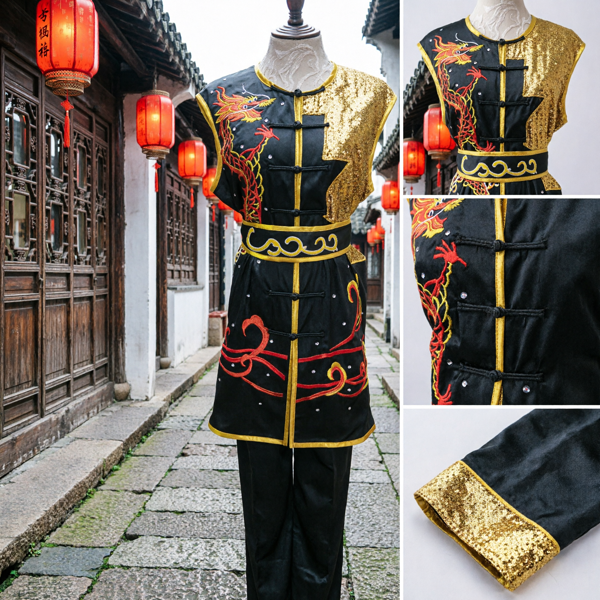 Uniforme Kung Fu Tradizionale Cinese con Ricamo Drago Nero Oro, Set Costume per Spettacoli di Arti Marziali Wushu per Uomini - Asian Costume
